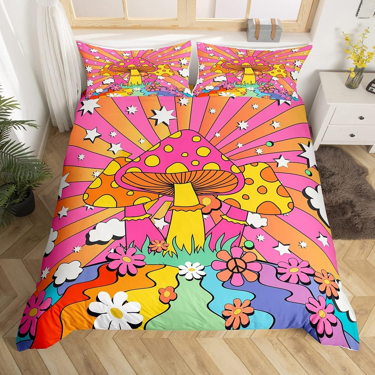 Hippie Mushroom Duvet Cover Set Single Size, Stars Peace Symbol Flowers Print Comforter Cover for Children Boys Gift, 70S Rainbow Stripes Groovy Bedding Set with 1 Pillowcase image number 3