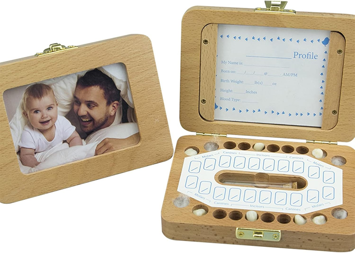 Tooth Box Wooden Dental House Children Teeth Drop Box Hoto Frame Teeth Hair Storage Container Holder Saver Memorial Box with Various Accessories image number 1