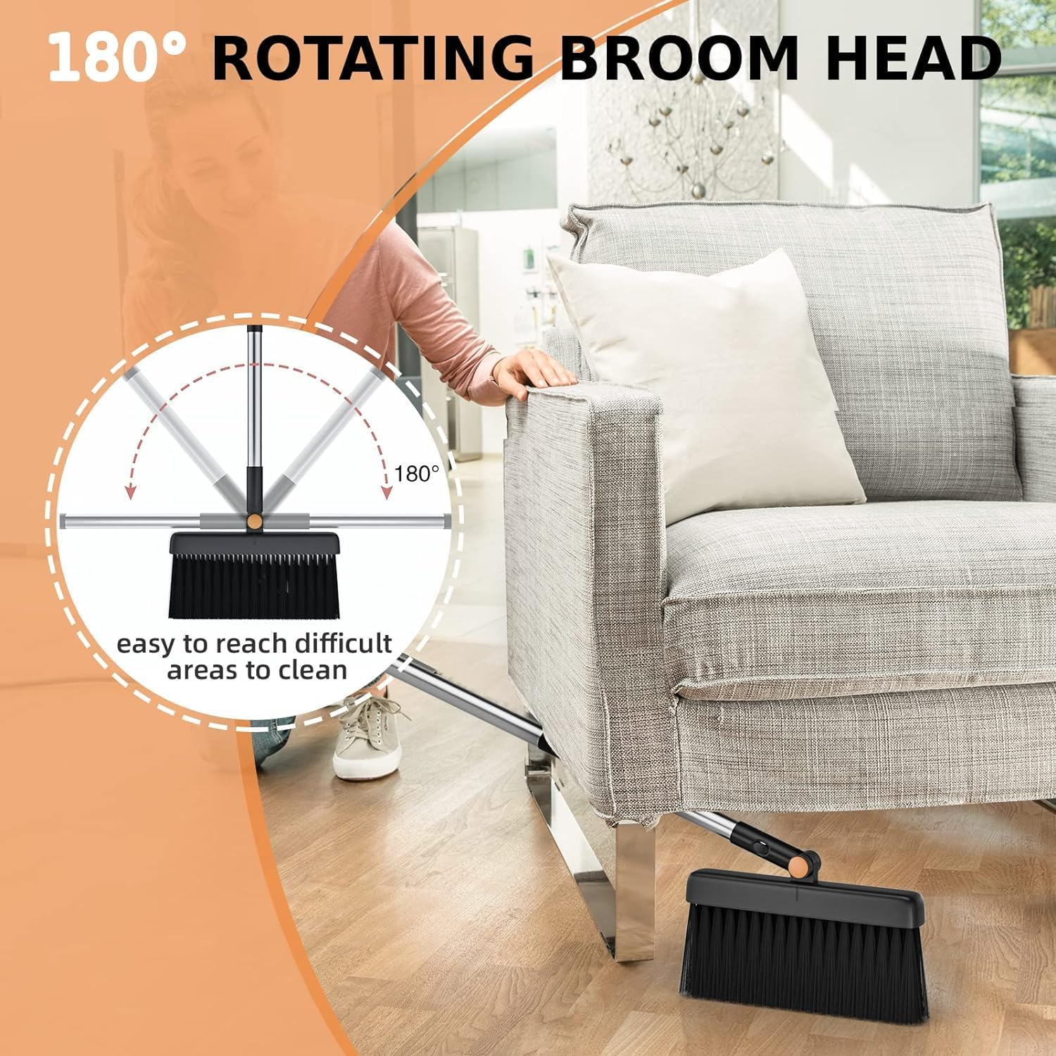 Broom and Dustpan Set, Cleaning Supplies Broom and Dustpan Set for Home, 48" Long Stainless Steel Handle Brooms with Upright Dustpan Combo Set for Home Office Kitchen Lobby Floor Cleaning image number 5