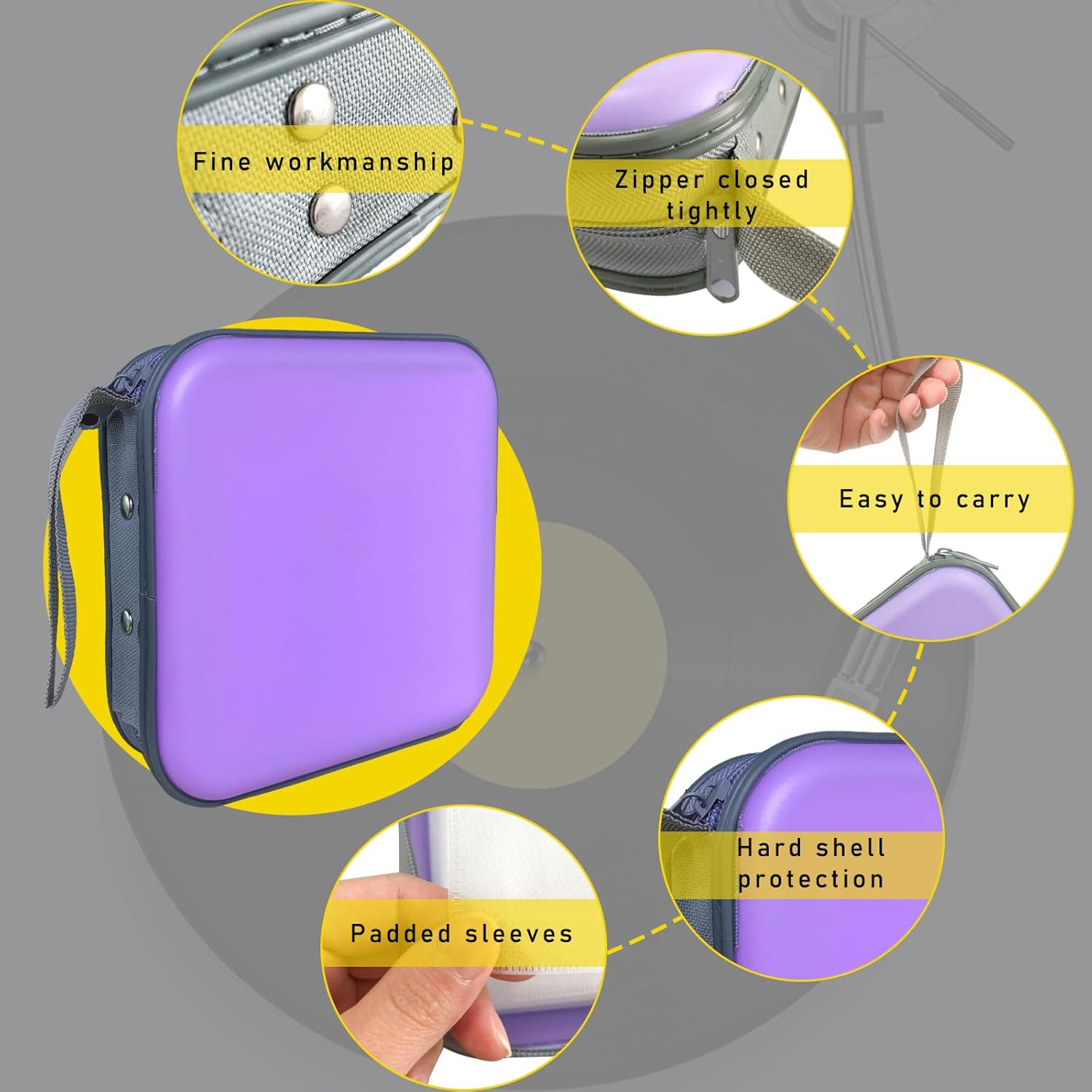 Augeny 48 Capacity CD Case, Portable DVD Hard Plastic Case Holder, Wallet Disc Storage Binder for Car, Home, Travel, Carrying Organizer, Universal Protective DVD Storage Zipper Box (Light Purple) image number 6