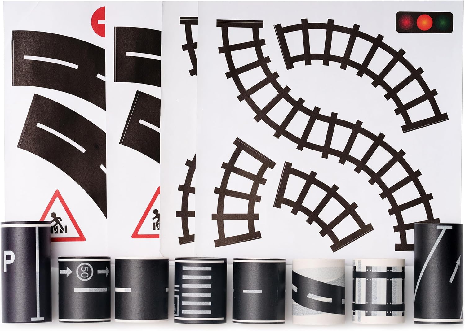 YUBX Road Tapes & Curves Stickers Set 8 Rolls Black Highway Washi Tapes Traffic Decorative Masking Tape for Toy Cars, Vehicles Kits, Kids Party Gift image number 1