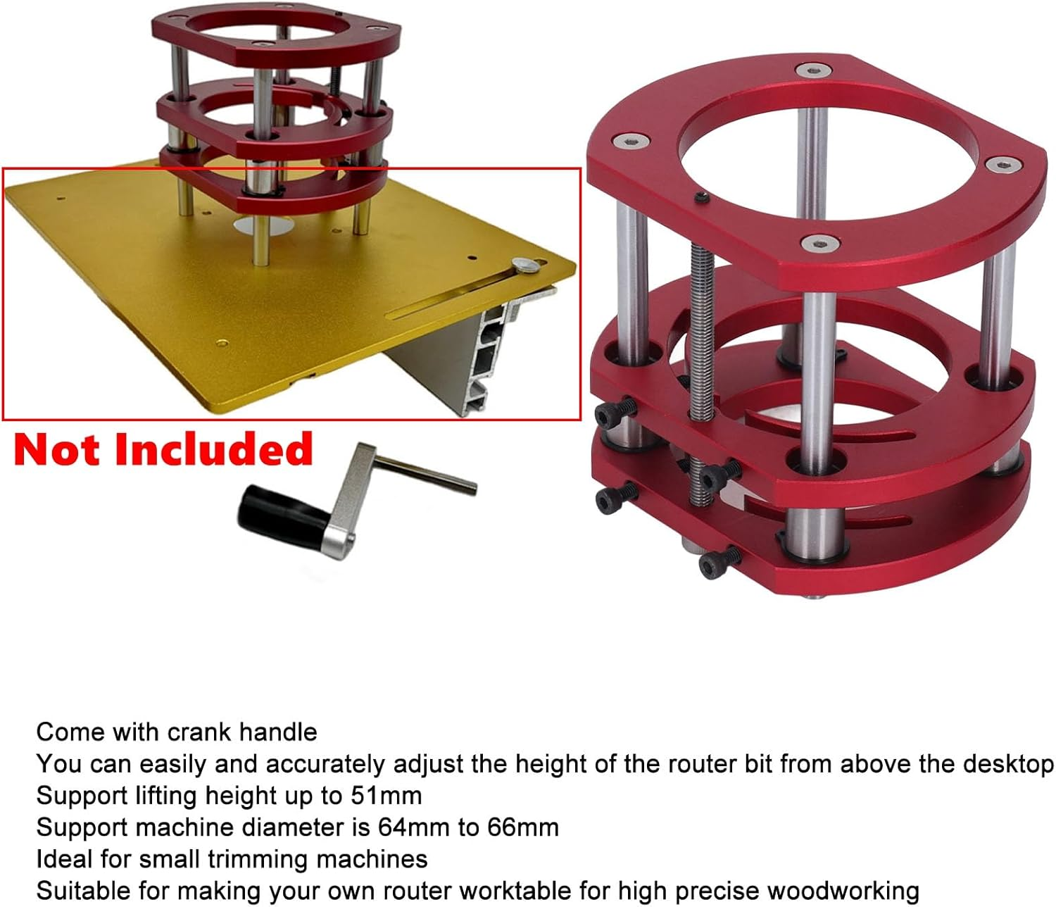 Router Lift Base, 4 Jaw Clamping Router Table Lift Base for 64-66Mm Diameter Motor, Metal Router Lift System Kit for Router Table Saw Insert Base Plate Lifting Height up to 20 Inch image number 6
