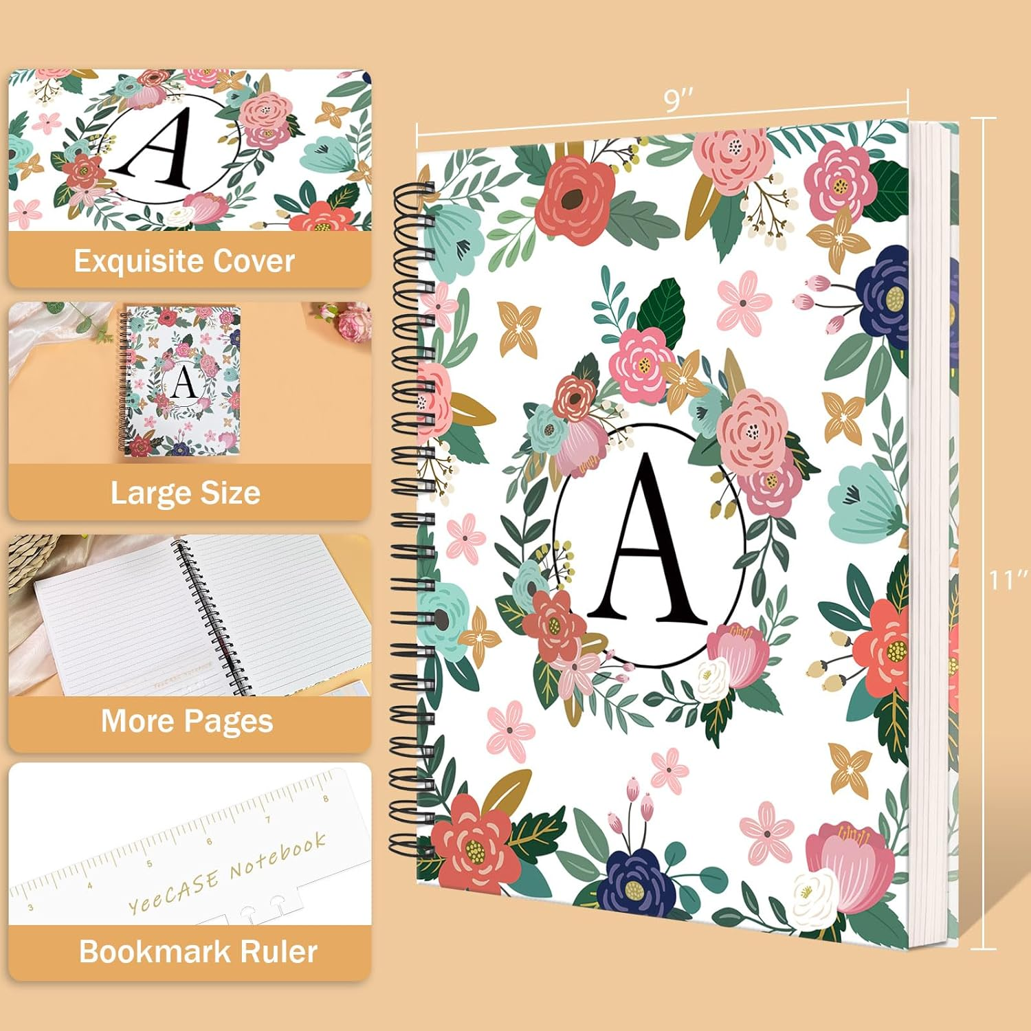 Hardcover Spiral Notebook Journal 8.5&rdquo; X 11&rdquo;, 300 Pages Journals, A4 Large College Ruled Cute Floral Letter Spiral Journal for Work School Note Taking,Lined Journal for Women Men image number 1