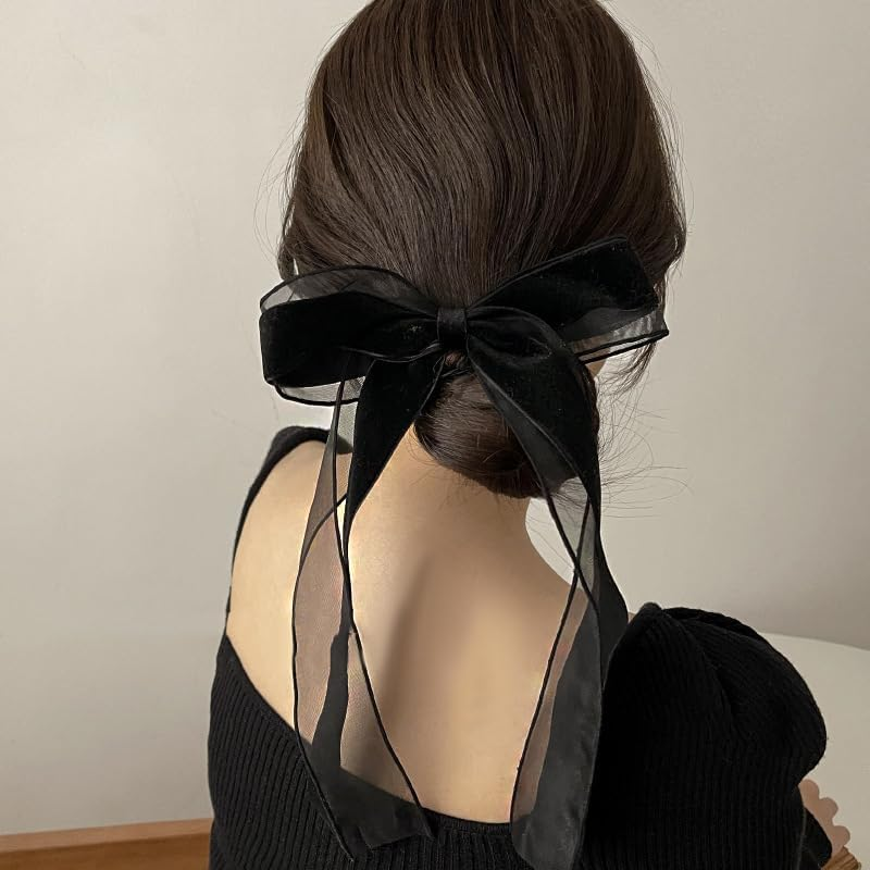 Bow Clips Black Ribbons for Women Girls Mesh Velvet Bows Hair Accessories Ribbon Bowknot Barrettes Long French Clip image number 1