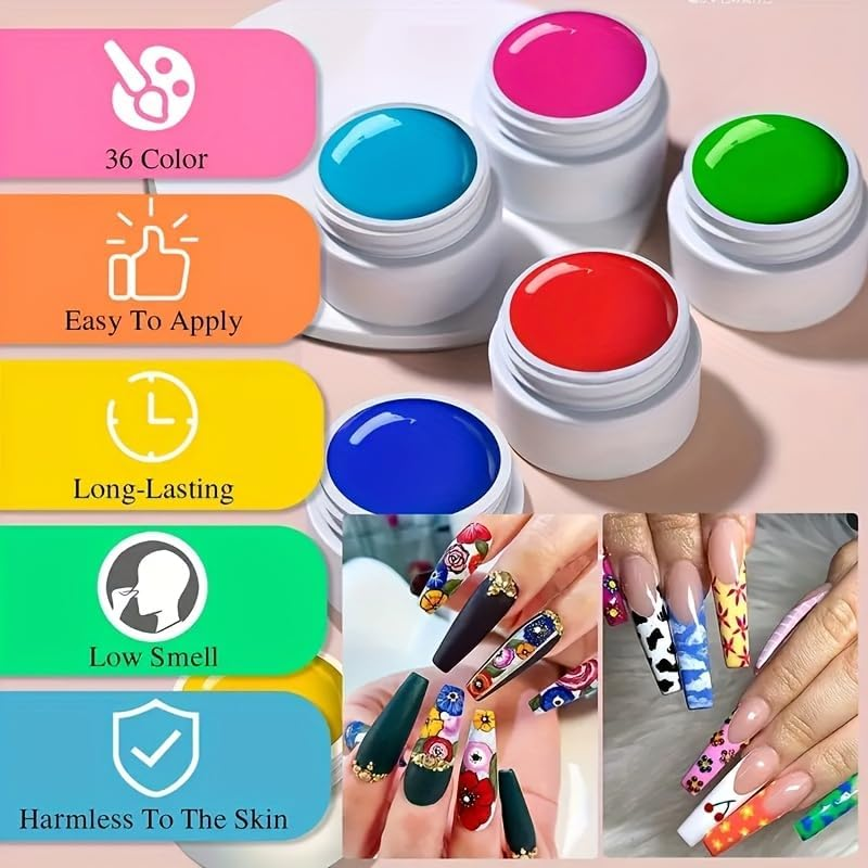 36 Colors Nail Art Gel Paint Kit - Nail Art Kit Colored Nail Gel Set with 15Pcs Painting Nail Brushes image number 3