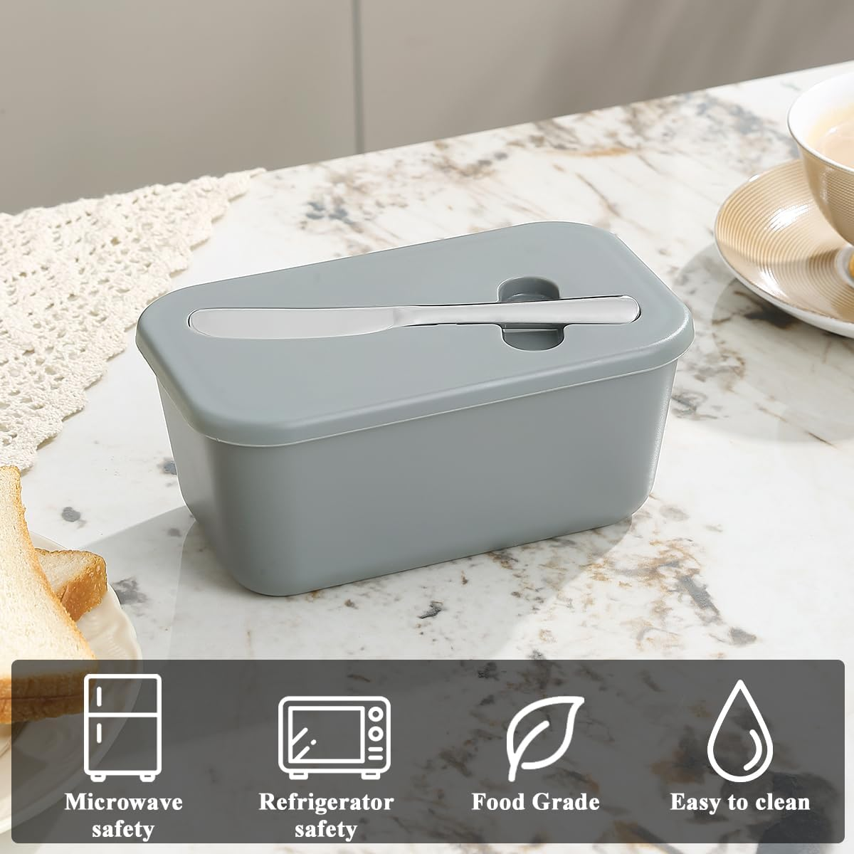 Butter Dish with Lid for Countertop and Refrigerator Door Shelf, Reanea Plastic Butter Holder Tray Container with Butter Knife, Easy Scoop Dishwasher Safe image number 4