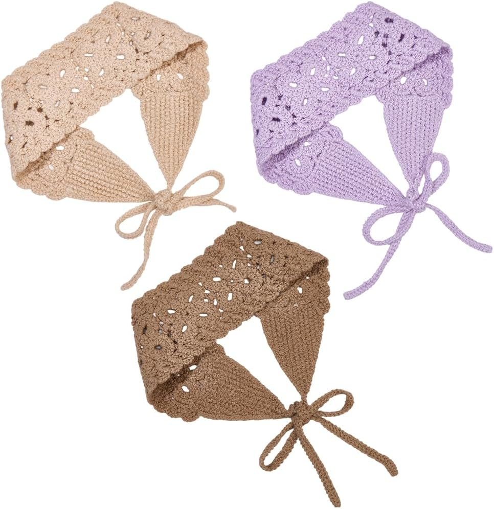 CABODYALS Pack of 3 3 Colours Bandana Headbands Purple Beige Khaki Crochet Boho Hair Scarf Head Wrap Vintage Lace Hollow Polyester Headscarves for Women Bridal Wedding Party Styling Dress Accessories image number 5