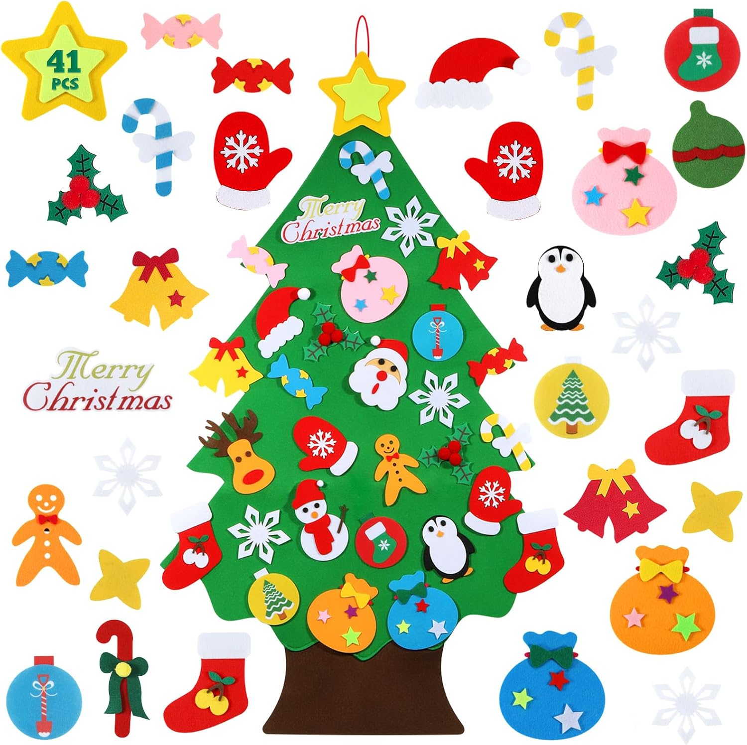 Hutikla Felt Christmas Tree - 3.6 FT 3D DIY Set for Kids with 33 Pieces of Ornament Decor, Wall Hanging Christmas Tree Decorations image number 2