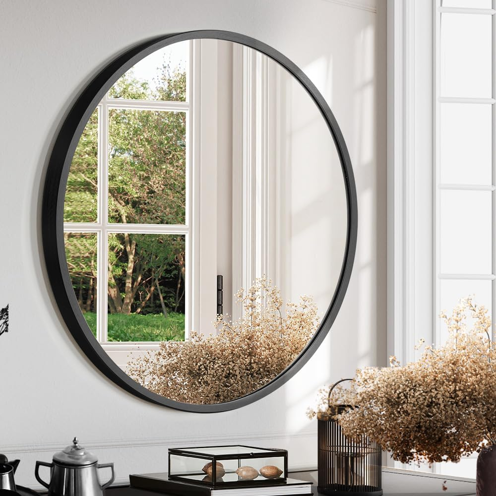 Furb round Wall Mirror, 60Cm Circular Bathroom Mirror, Black Metal Frame, Decorative Hallway Entryway Mirror