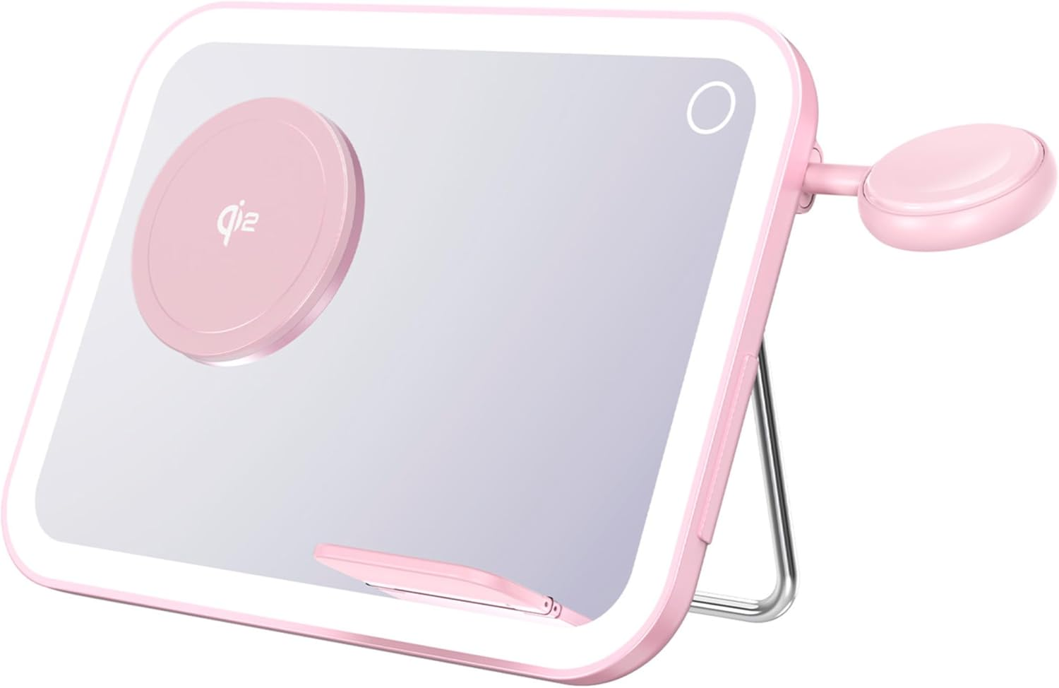 Laser Mirror Wireless Charger 3 in 1 Qi2 Certified &ndash; Makeup Mirror with LED Light, Fast Wireless Charging Stand for Phone, Earbuds, Apple Watch &ndash; Foldable, Magnetic, USB-C Powered (Pink)