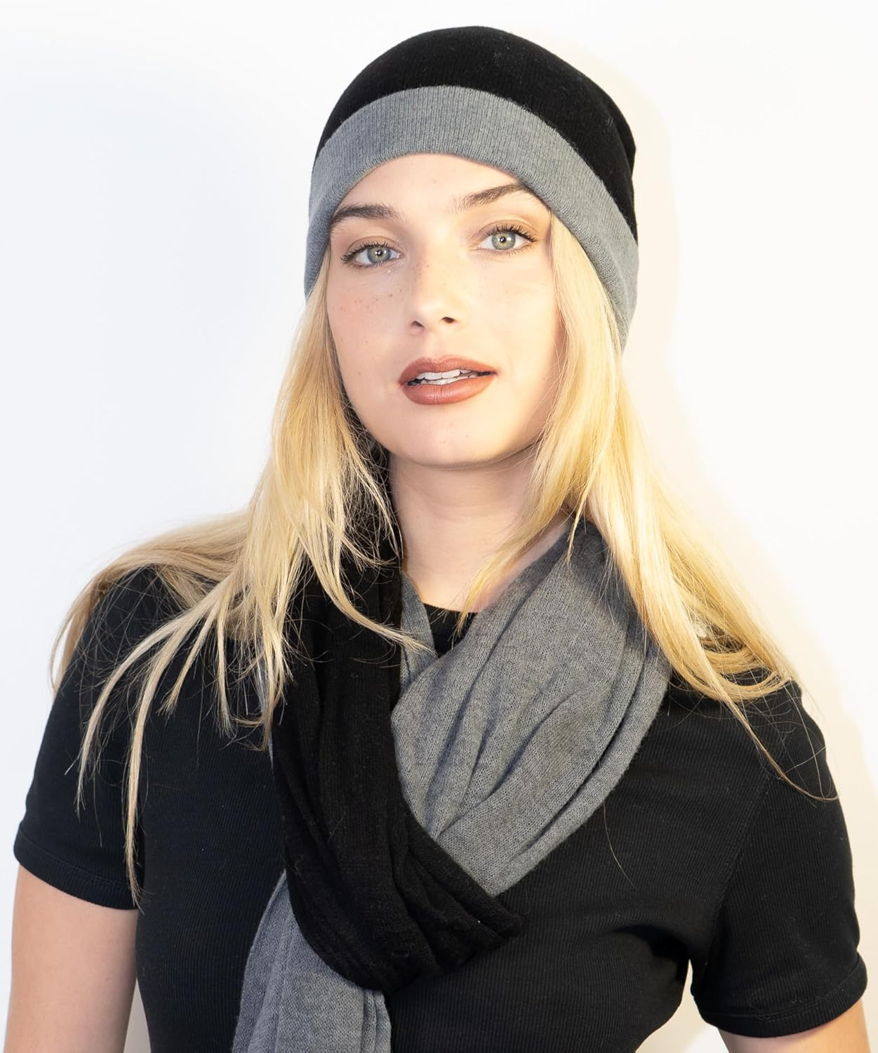 Tibetan Socks Handmade Soft Yak Wool Reversible Beanie Skull Cap for Men and Women - Black/Grey image number 2