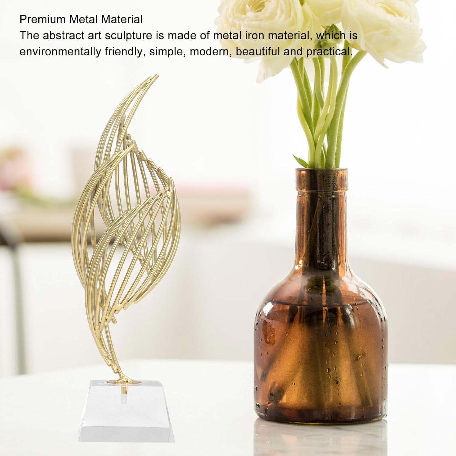 Metal Abstract Art Sculpture Iron Abstract Decorative Statue Modern Luxury Home Decor with Glass Base for Desk Shelf Living Room Office (Crystal White) image number 2