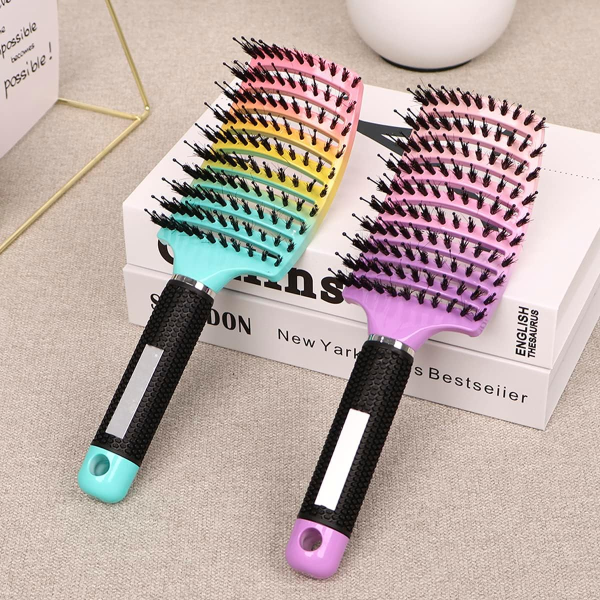 2Pack Curved Vented Detangling Hair Brush for Wet and Dry Hair, Comfortable Boar Bristle Hair Brush Long Hair for Detangling, Hairstyle, Tangled Hair (2)