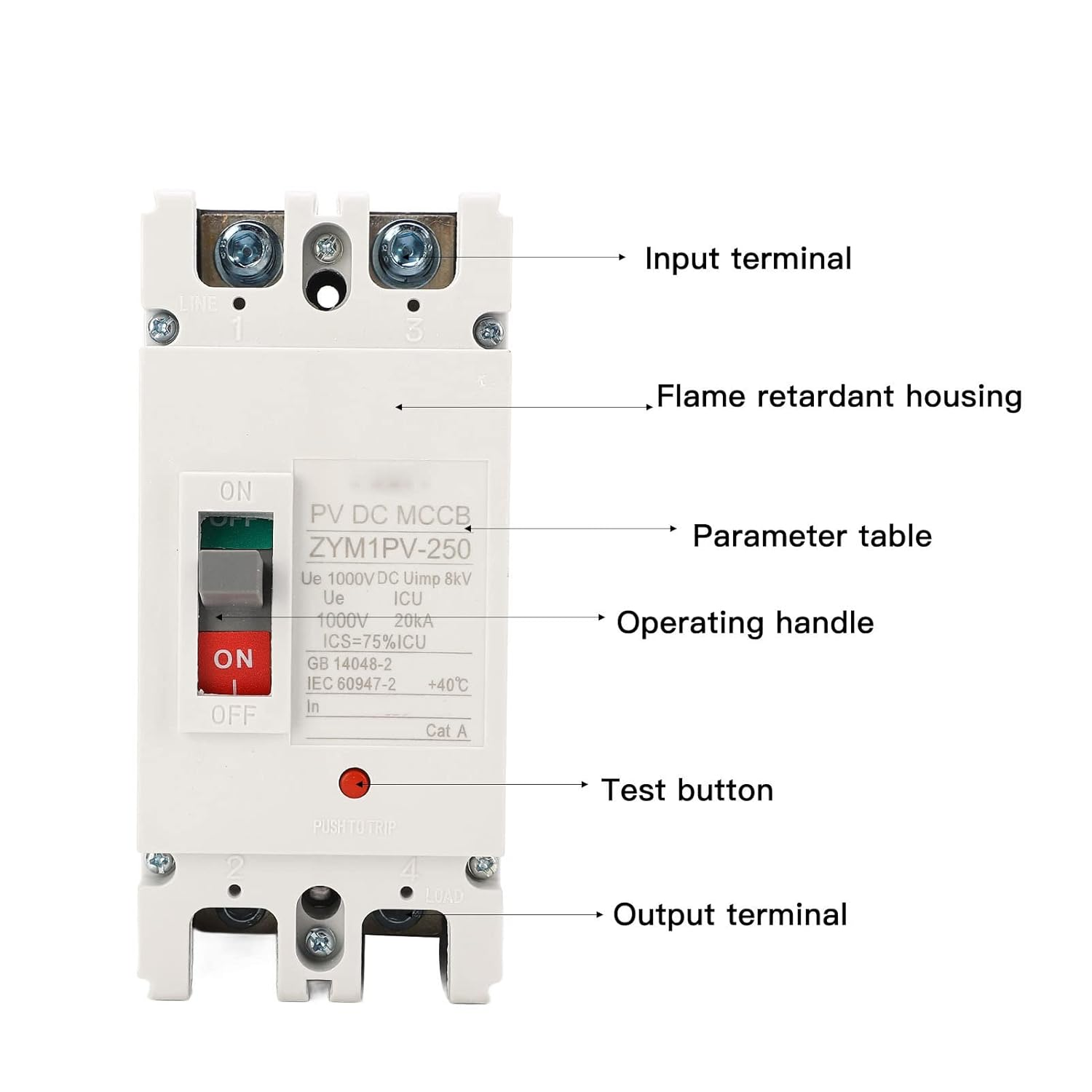 DC Circuit Breaker, 2P DC 1000 V 200A MCCB Solar Battery Switch Moulded Case, Disconnect Switch Circuit Breaker, Vertical Installation image number 4