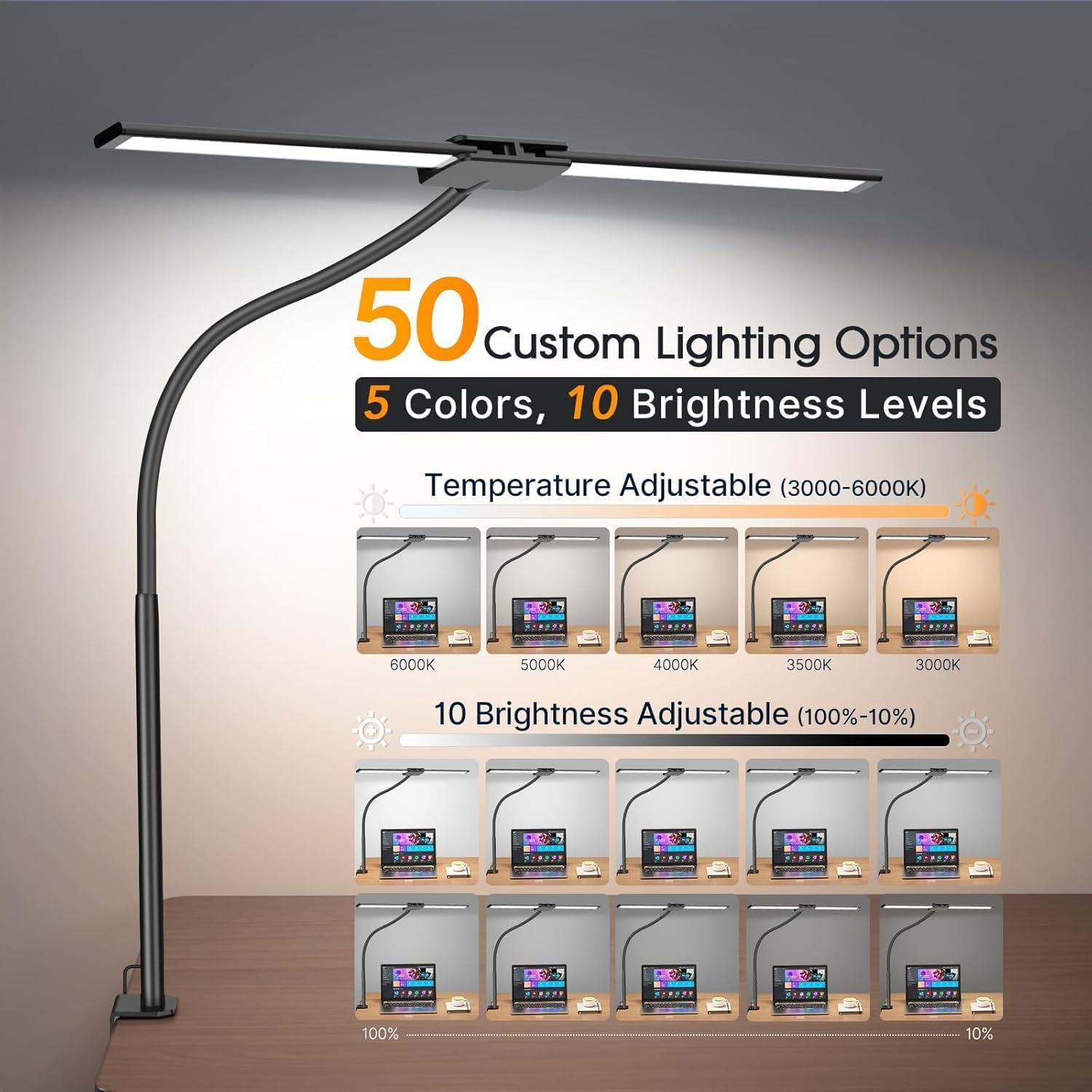 LED Desk Lamp with Clamp, Double Head Architect Desk Lamp for Home Office, Eye-Caring Desk Light with 360&deg; Adjustable Gooseneck, 50 Lighting Modes & Timer Function for Studying Working Drawing