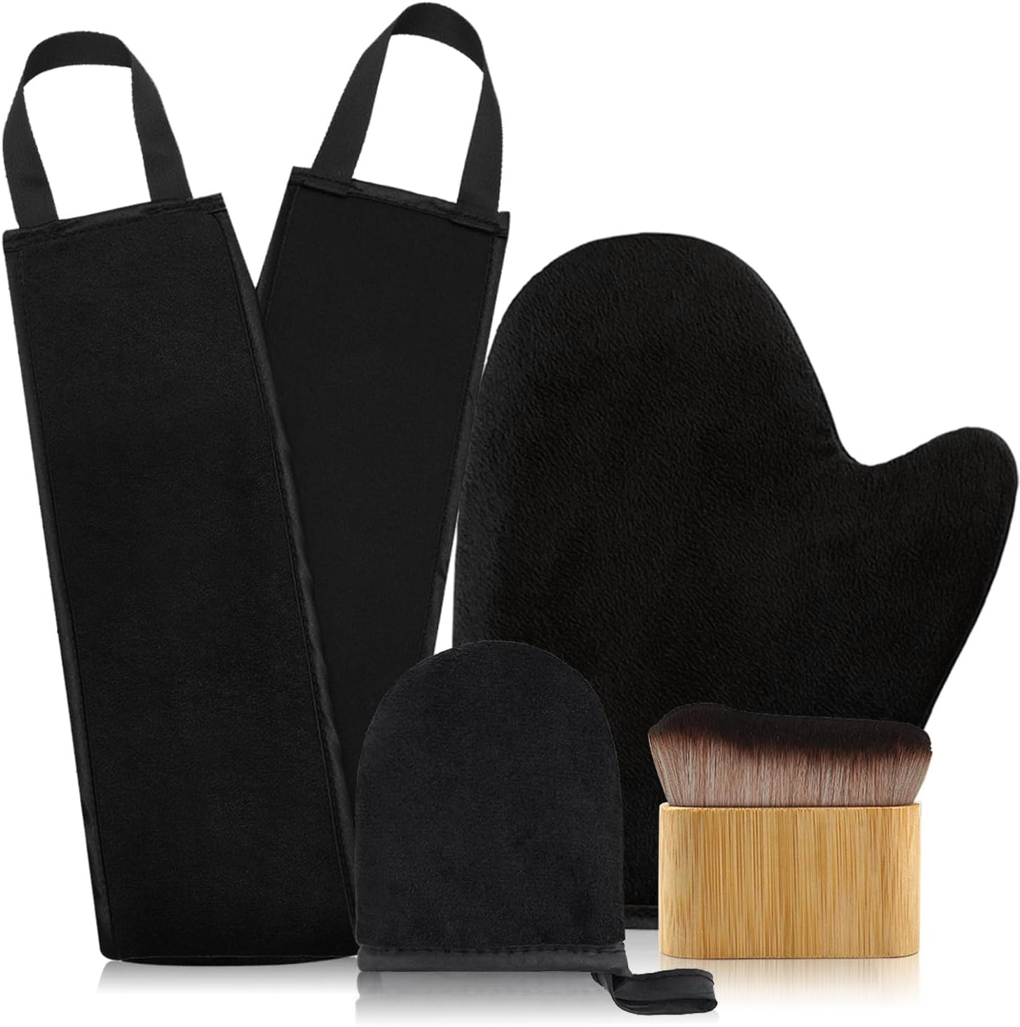 FUNAN Self Tanning Application Kit, 4-Piece Set with Back Applicator, Mini Mitt, Tanning Mitts and Ultra Soft Self Tanner Brush Bamboo Kabuki Brush, Black
