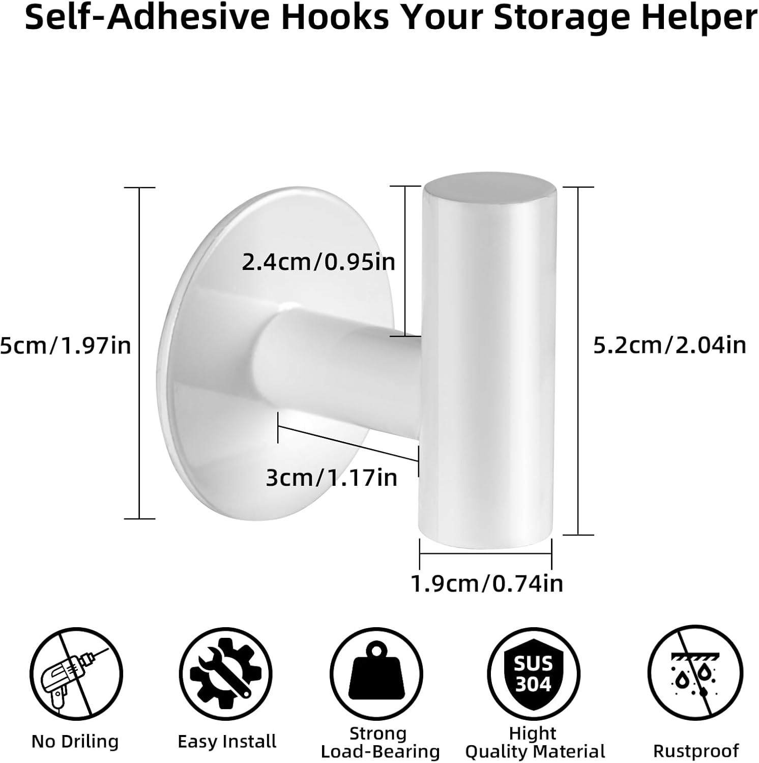 YUET Bath Towel Robe Hooks Self Adhesive No Drilling, Stick on Metal Coat Hooks, SUS 304 Stainless Steel Clothes Holder, Shower Wall Hook for Bathroom Hotel Kitchen Office Closet, 2 Pack (White)