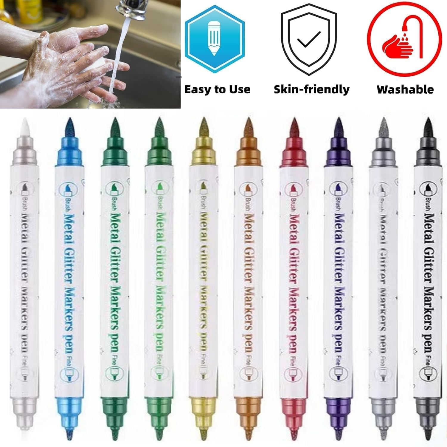 Temporary Tattoo Markers for Skin, 10 Body Markers Make Bold and Fine Lines, Cosmetic Quality + Tattoo Stencils for Kids and Adults, Dual-End Tattoo Pens for Body & Face Art, Halloween Makeup Kit image number 5
