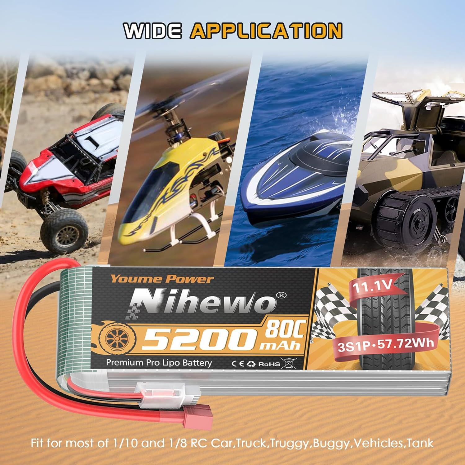 2Packs 3S Lipo Battery, RC Lipo Battery 11.1V 5200Mah 80C Deans T Connector Compatible with 1/8 1/10 RC Car Truck Truggy Vehicles Tank Boat Airplane Helicopter Models image number 1