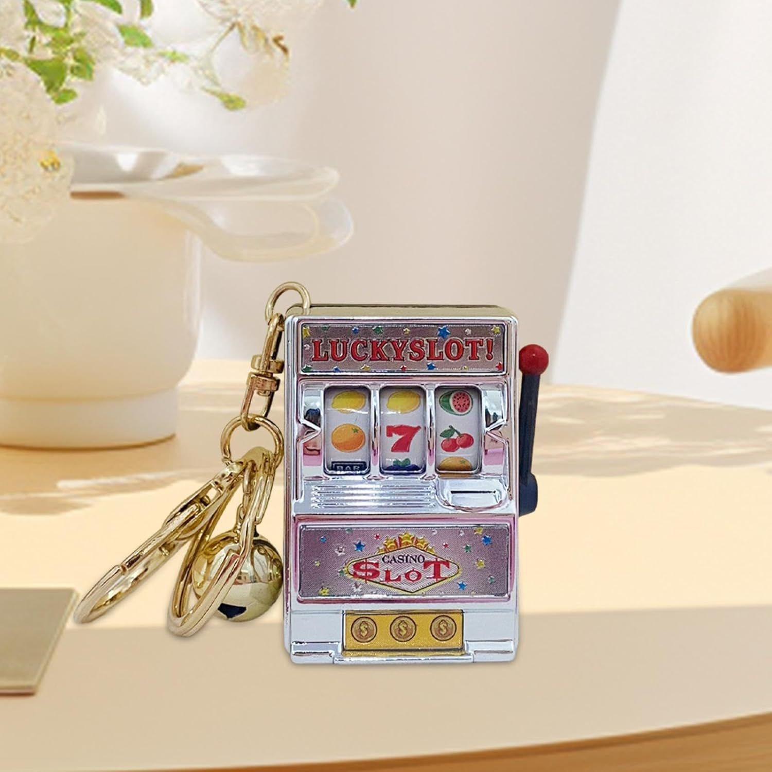 Mini Slot Machine Toy Keychain Mini Arcade Game Toy, Novelty with Bell Portable Fruit Machine Slot Pendant Gaming Gifts for Women Boys, Argent image number 6