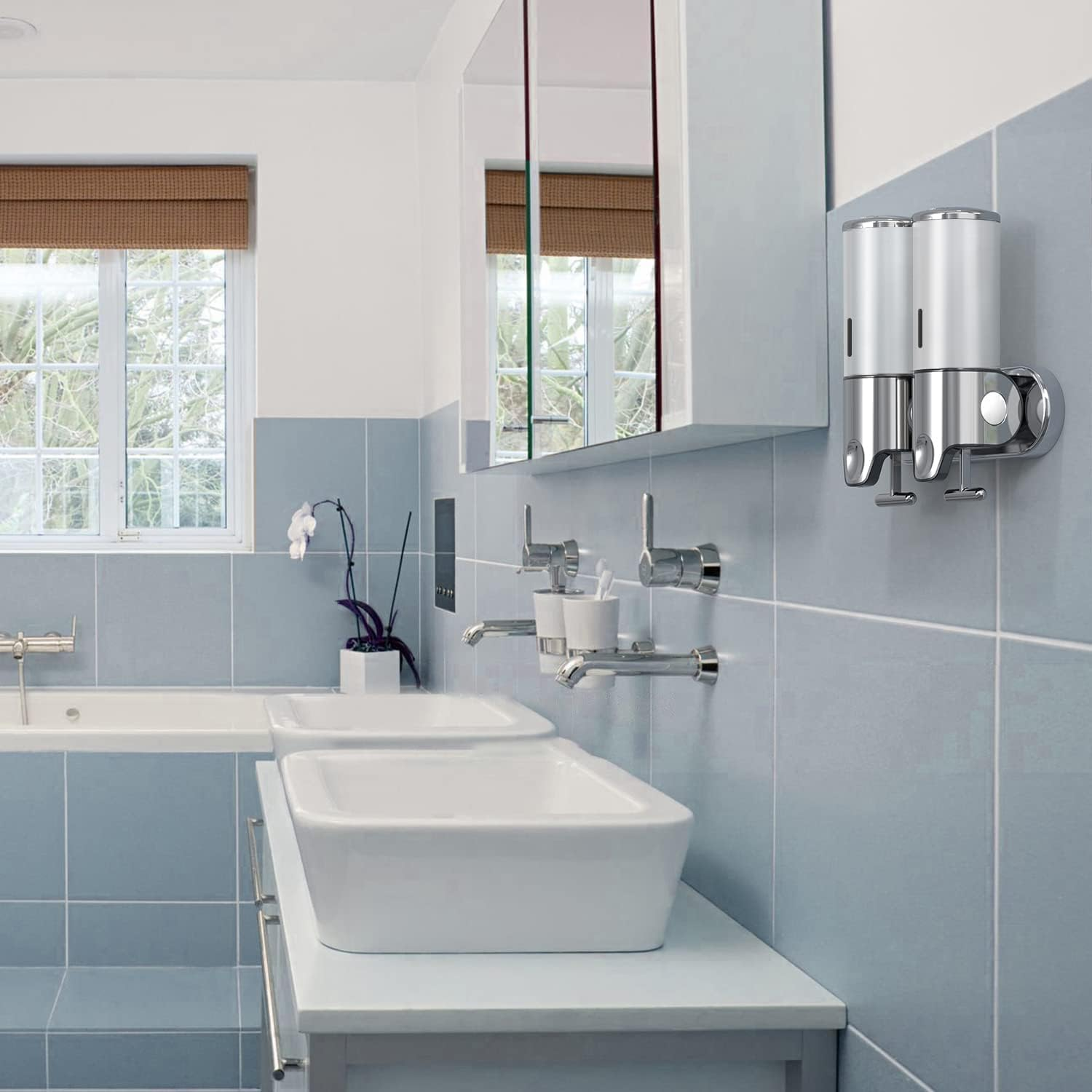 Wall Mounted Bathroom Shower Pump Dispenser and Organizer, Dispensers Holds Shampoo, Soap, Conditioner, Shower Gel, for Bathroom Kitchen Hotel, No-Drill (Silver) image number 3