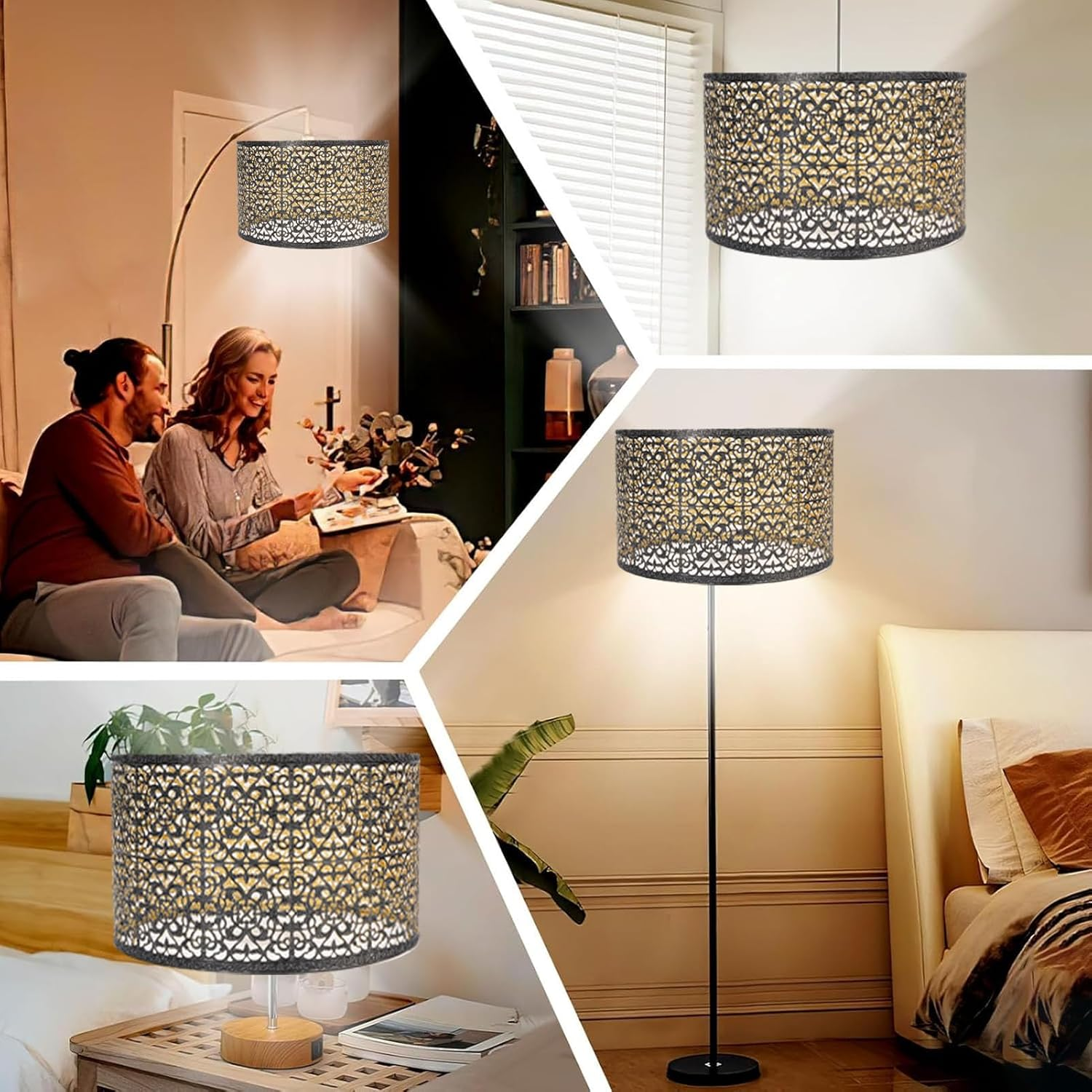 Metal Lampshade, round Lamp Shade Fits Both E27 and E14 Bulb Bases, Elegant Black and Gold Drum Lampshade with Hollow Carved Pattern for Table Lamps, Floor Lamps, Pendants image number 1