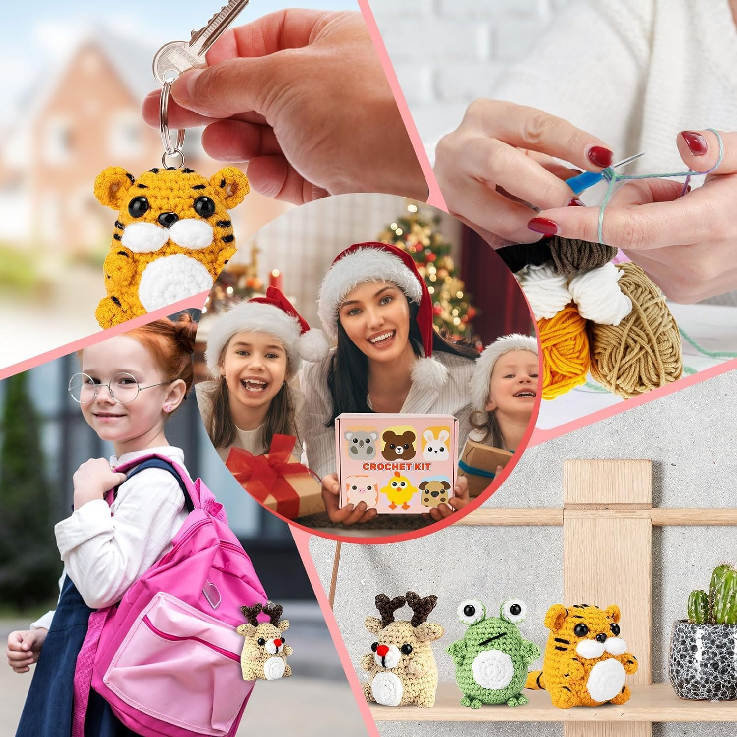 8Pcs Crochet Kit for Beginners,Beginner Crochet Starter Kit with Step-By-Step Video Tutorials,Ergonomic Adorable DIY Animal Crochet Craft Kit with Yarn Stuffing and Keychain,Crochet Starter Pack for Adults (3Pcs)