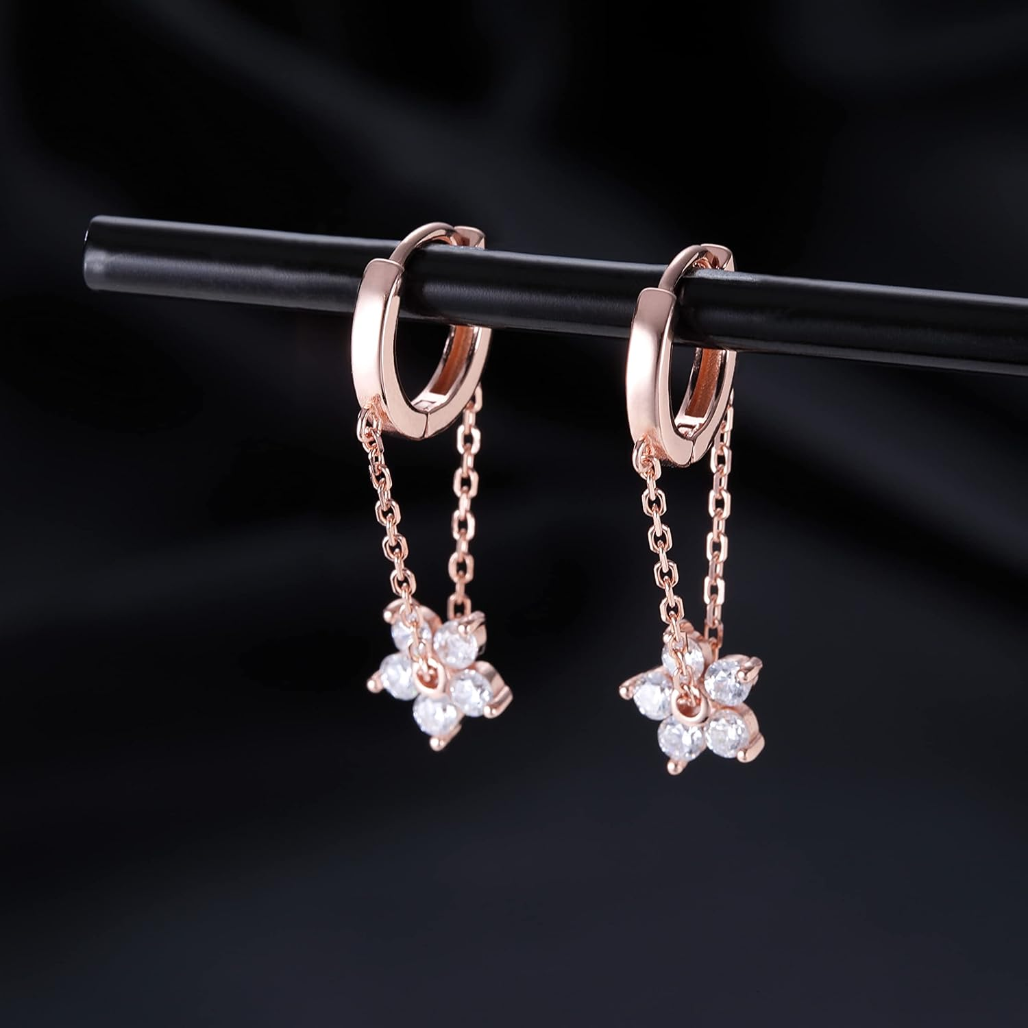 Reffeer Solid 925 Sterling Silver Flower Chain Drop Earrings Hoop for Women Teens Huggie Hoop Dangle Earrings Chain - B-Gold image number 6