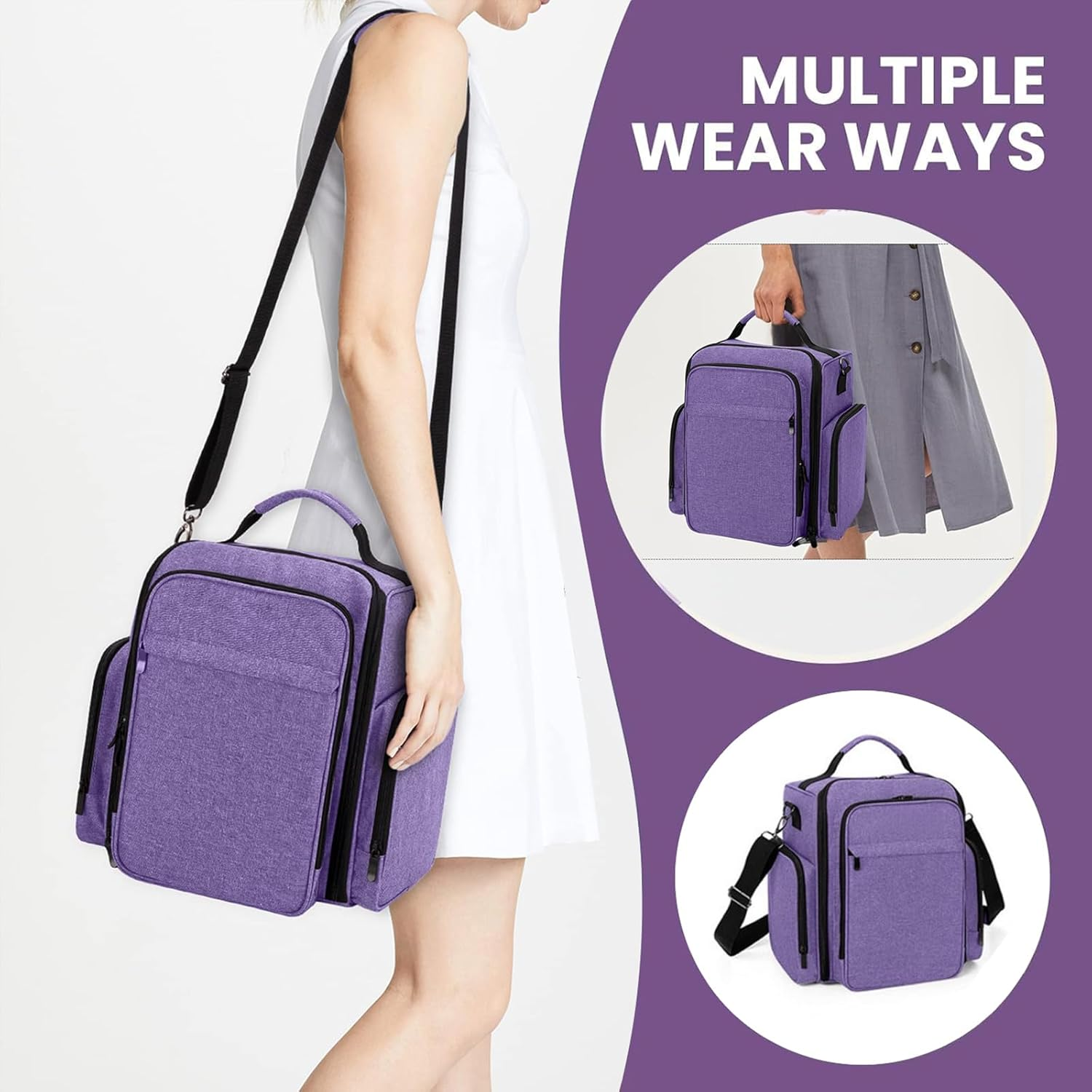 Nail Polish Bag Large Travel Makeup Bag with 3 Inner Removable Pouches, Hair Bag Cosmetic Bag with Detachable Dividers, Professional Manicure Kit,Purple image number 3