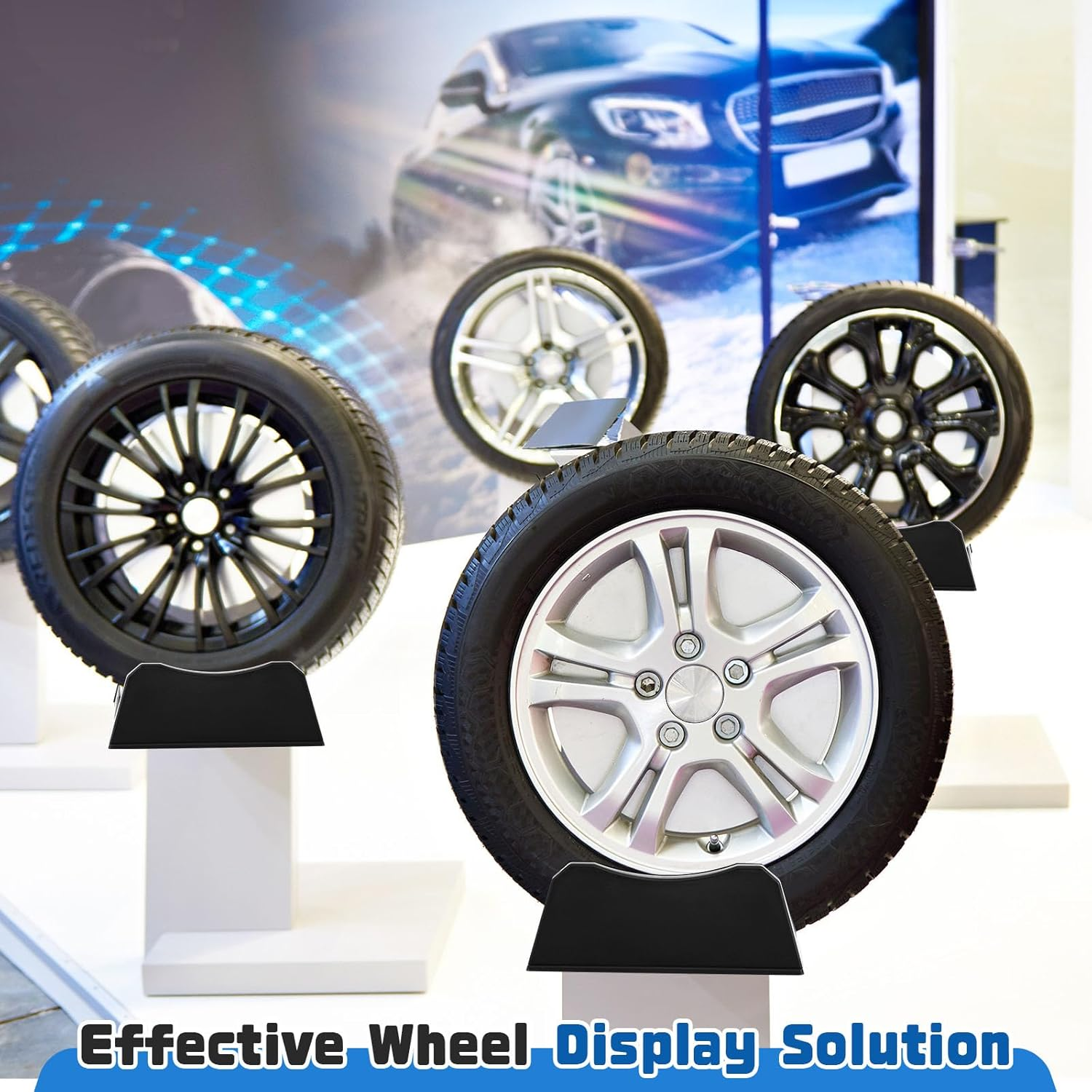 Colingmill 4 Pcs Car Tire Display Stand Wheel Display Rack Adjustable Width Rim Storage Wheel Rim Holder Tyre Stand Base Tire Tray Base for Exhibition Shop Garage Trade Show, Black image number 5