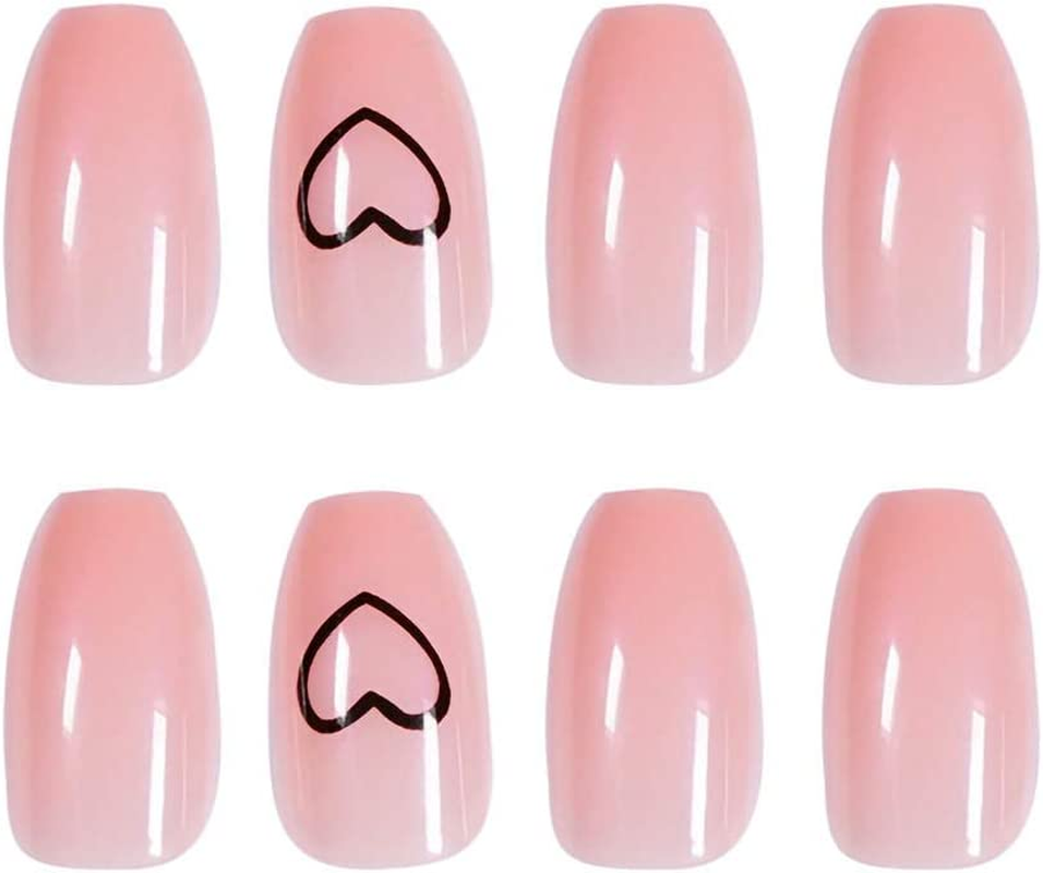 Nude Pink Heart Press on Nails 24PCS Glossy Full Cover Medium Coffin Artificial Fake Nail Love Style Design Nails for Women and Girls Party Salon image number 1