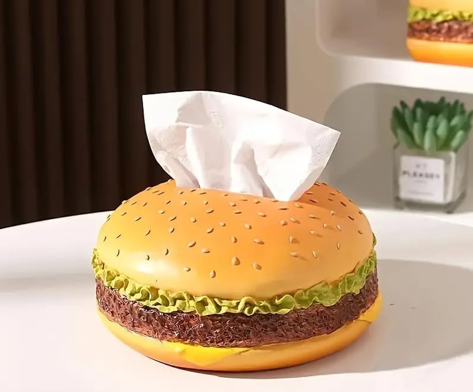 Burger Tissue Box Cover, Hamburger Shaped Tissue Holder Creative Tissue Storage Box Napkin Dispenser for Home Office Desk Restaurant Decoration image number 5