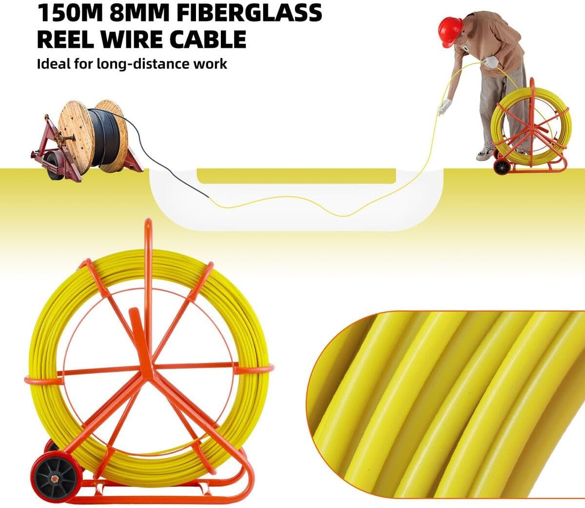 AUSWAY Fish Tape Puller Fibreglass Wire Cable Running Rod Duct Rodder 150Mx8Mm Electrical NBN Fishtape Pulling Tool Brake Wheels Portable Steel Reel Stand image number 1