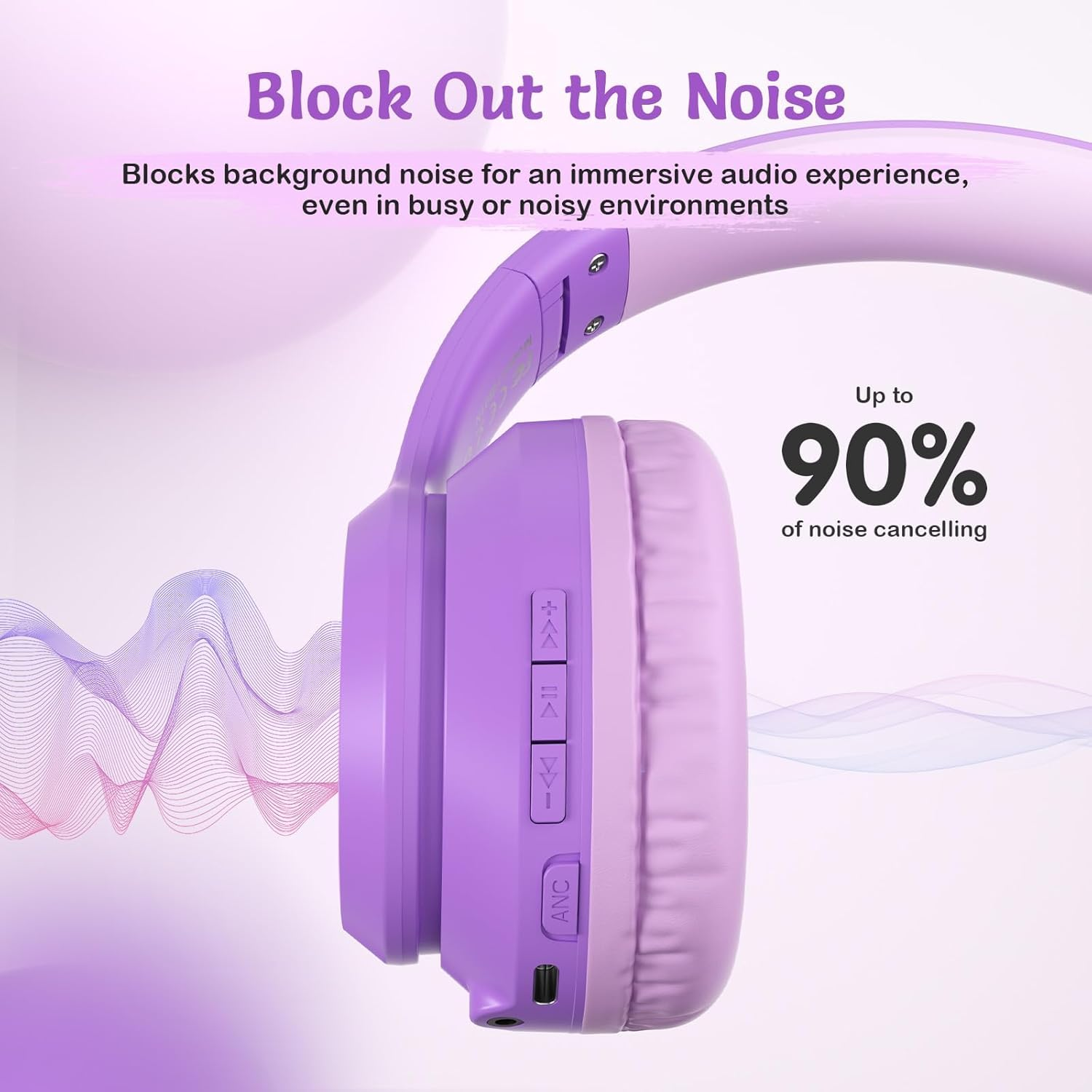 TONOSHARK Kids Headphones Wireless, Active Noise Cancelling Headphones for Kids, 60H Playtime, Bluetooth Over-Ear Headset Built-In Microphone for Home/School/Travel - Includes Portable Case (Purple) image number 6