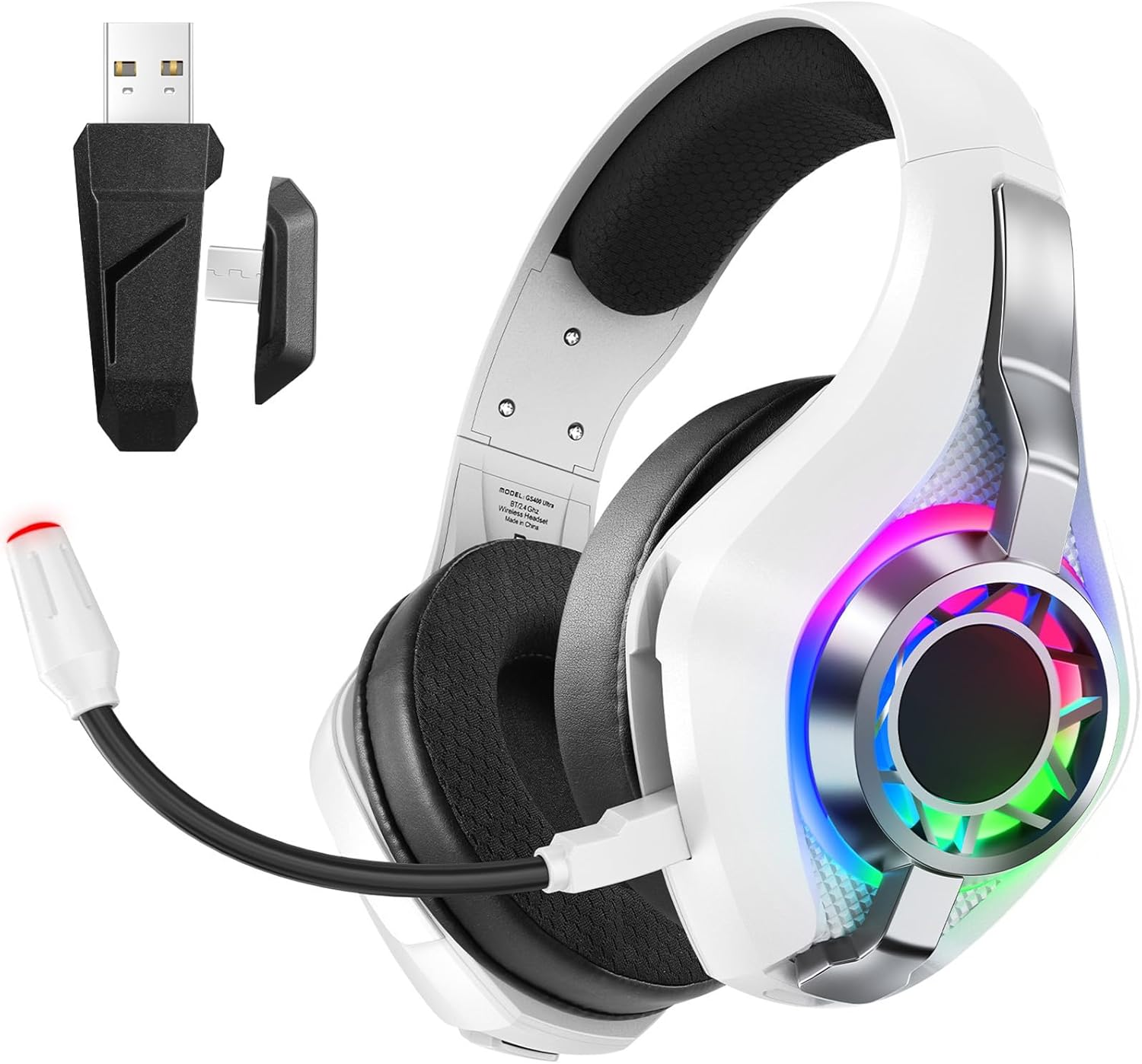 FUNFANG 40Mm Driver Wireless Gaming Headset Over-Ear Game Headphones with 2.4Ghz, BT, RGB Lighting, 7.1 Surround Sound for PC, Game Console, Mobile, Noise Canceling Mic, Comfortable Fit (White) - White image number 2