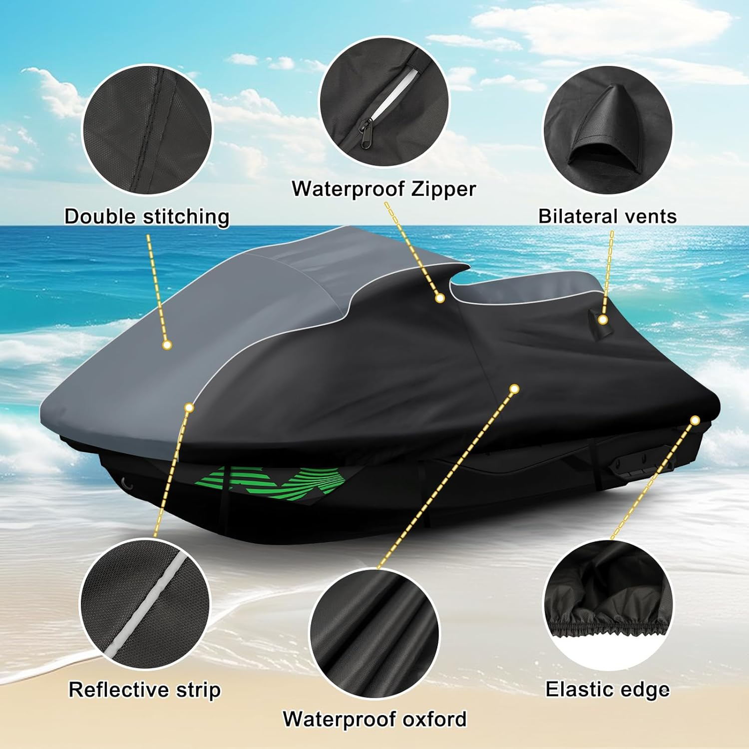 QUNSUNUS Jet Ski Cover for Sea Doo Spark 3Up/Trixx 3Up 2014-2025, Waterproof Covers with Zipper, All Weather Seadoo Cover with Elastic Edge for Wind, Sun, UV and Dust Protection image number 6