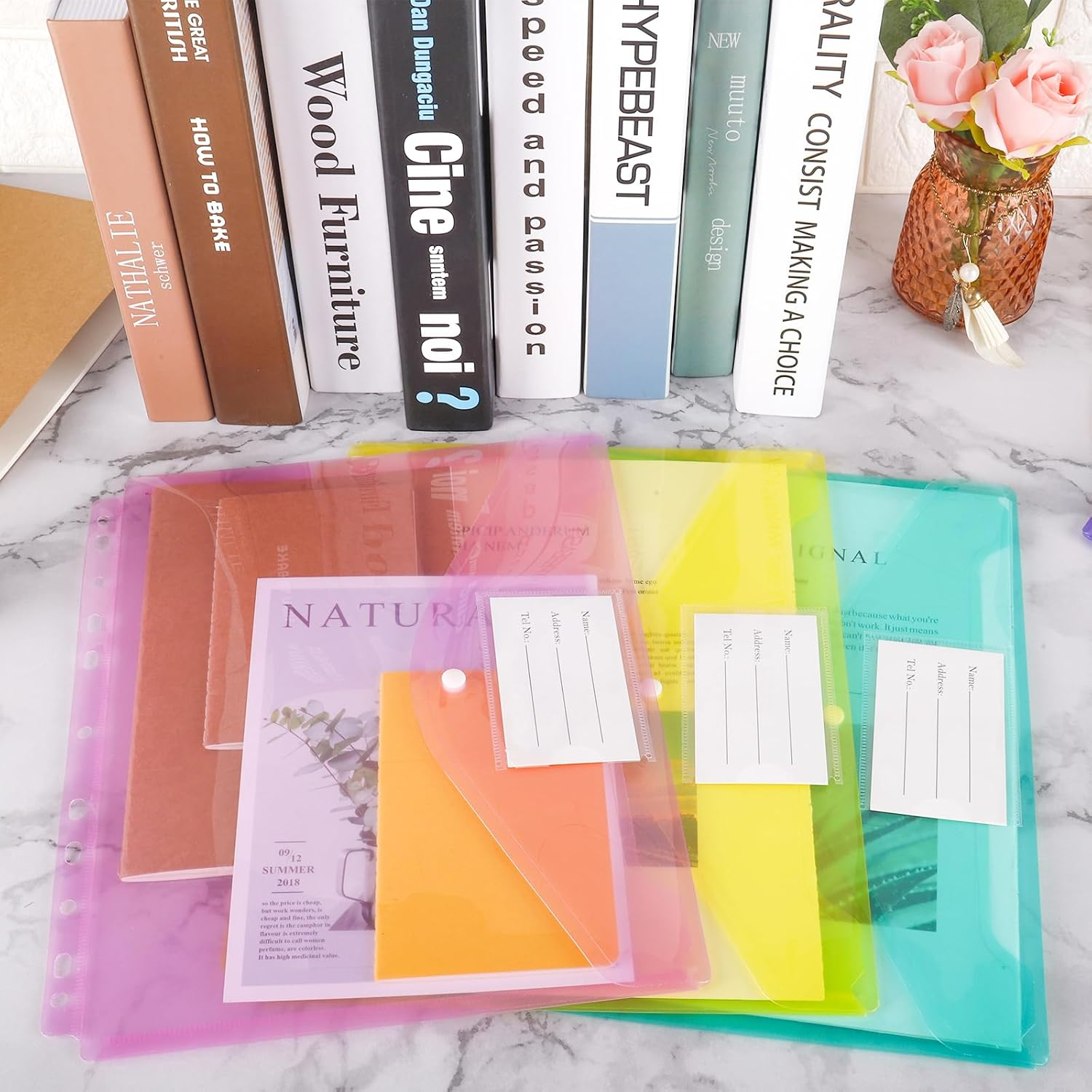 EOOUT 30Pcs Binder Pocket, Binder Pockets for 3 Ring, Binder Folders, 11 Holes, Letter Size, Snap Button Pouch with Label for School, Home and Office image number 6