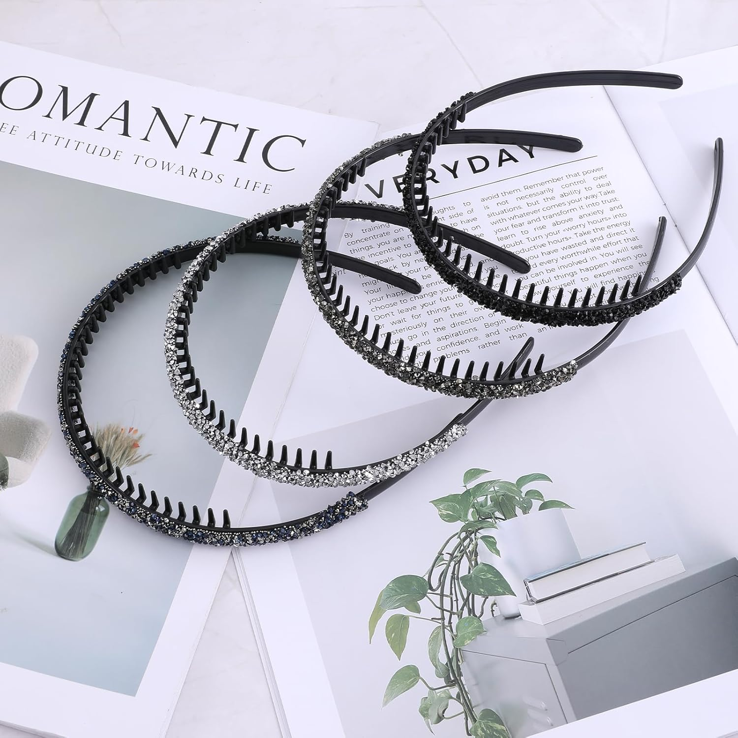 Thinp Pack of 4 Rhinestone Headbands, Non-Slip Headbands, Headbands with Crystal Teeth Comb, Fashionable Crystal Hair Band, Women'S Headband, Shiny Hair Bands, for Girls Daily Party Hair Accessories image number 2