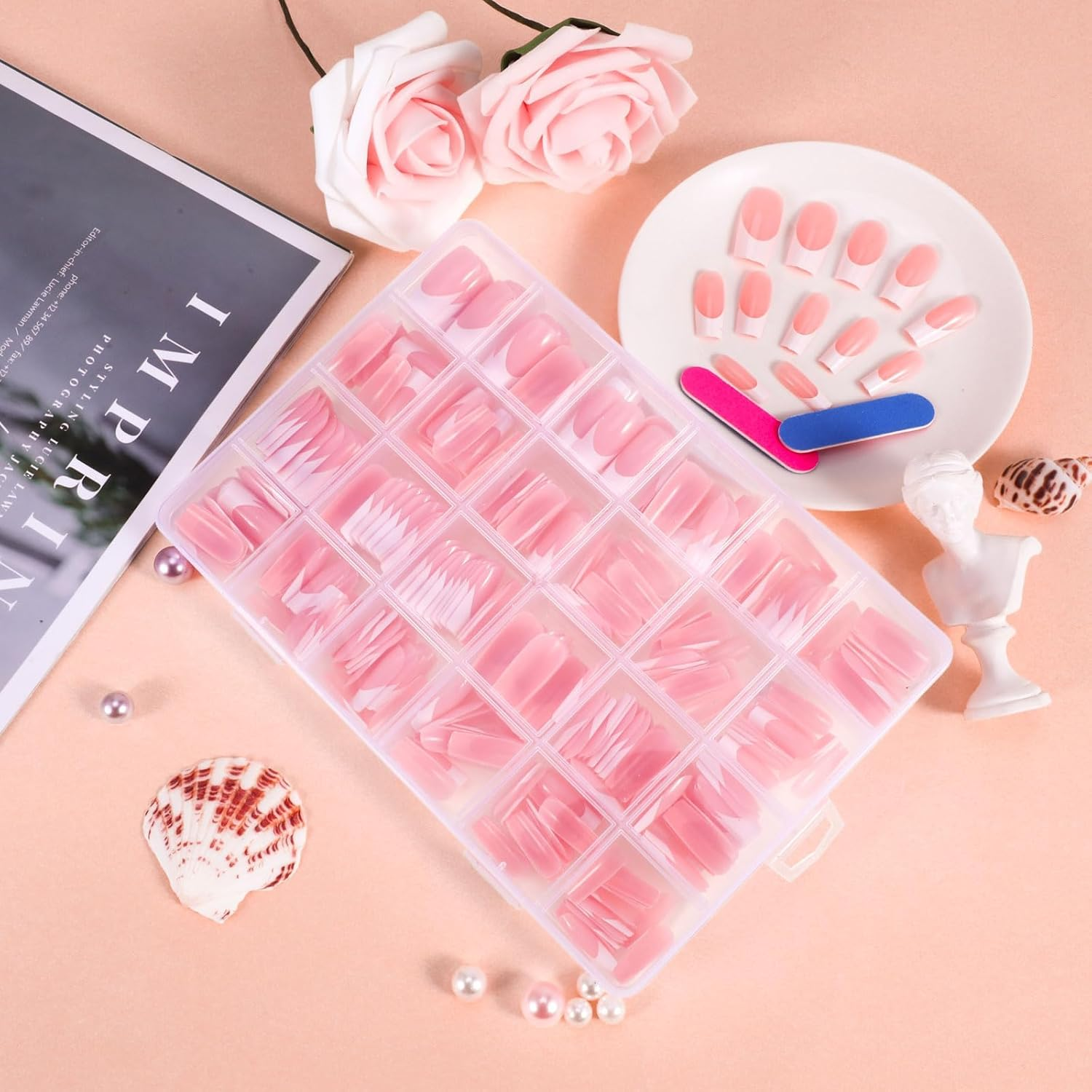 360 Pieces French Tip False Nails Artificial Acrylic Full Cover Fake Nails Tips Press on Nails Square Long Nude Color French Nails Stick on Nails Nail Art Manicure Decorations for Women Girls image number 2