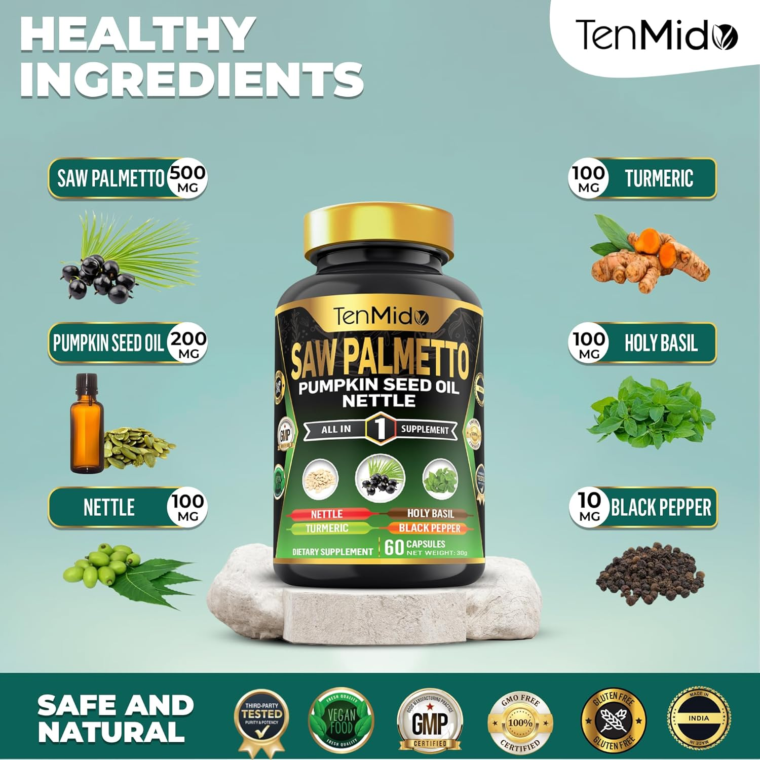 Saw Palmetto Supplement - 6In1 Blend with Pumpkin Seed Oil, Stinging Nettle, Turmeric, Holy Basil & Black Pepper - 60 Vegan & Non-Gmo Capsules image number 6