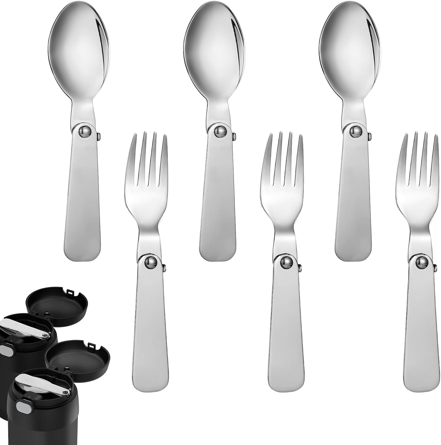 3Pcs Folding Spoon & 3Pcs Folding Forks for Thermos Funtainer 10Oz Food Jar, Stainless Steel Portable Replacement Utensils for Travel Camping Picnic Outdoor Activities image number 5
