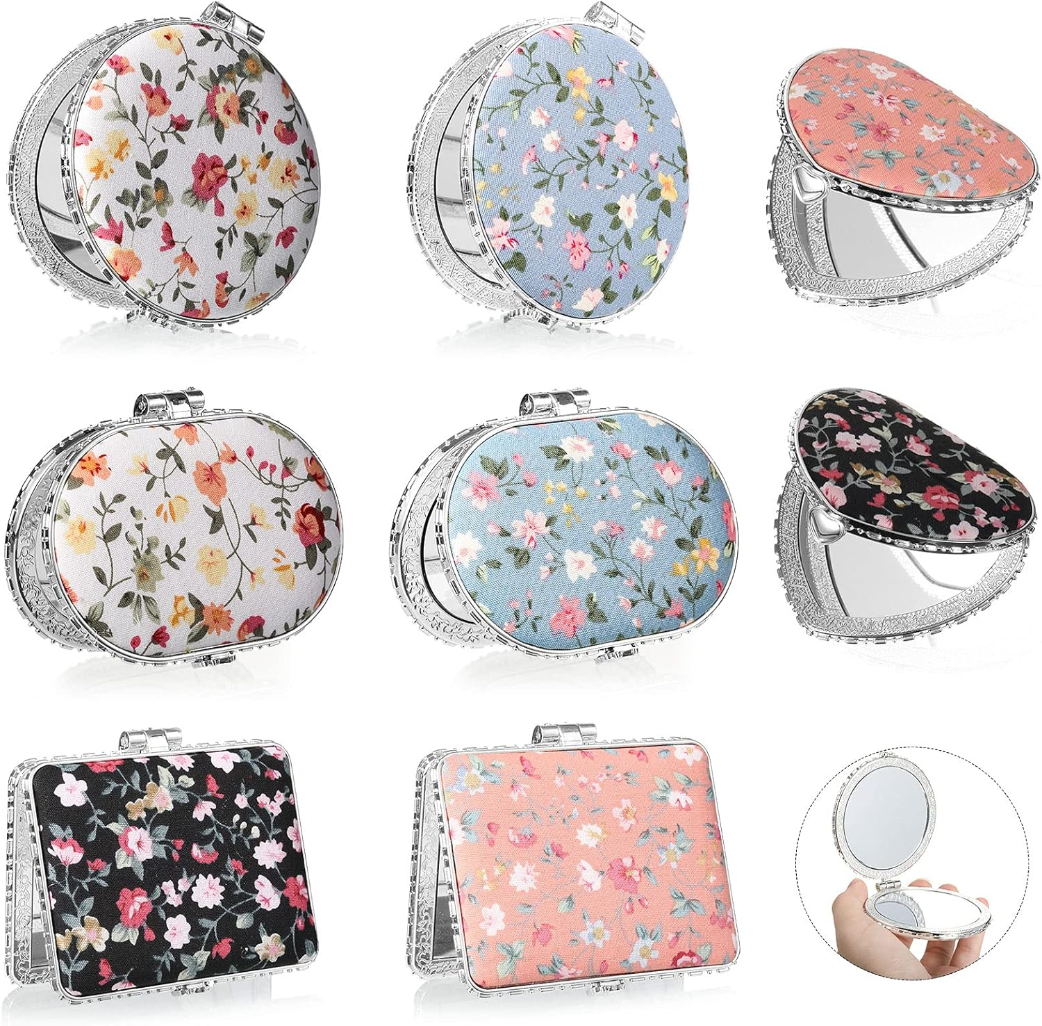 Blulu 8 Pieces Compact Mirror Bulk for Purse Flower Small Floral Retro Folding Portable Pocket Mirror for Women Girls Travel Gift(Gold Edge)