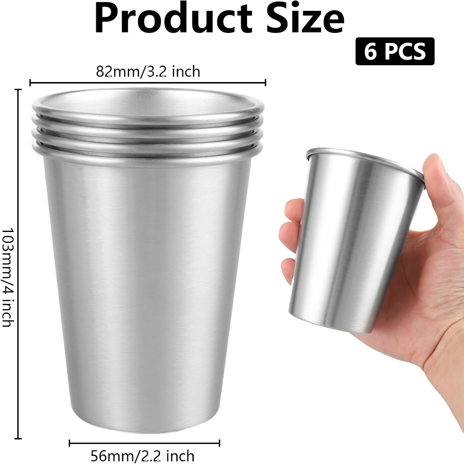 AKOLAFE Pack of 6 Stainless Steel Cups 350 Ml Stainless Steel Cups 12 Oz Drinking Cup Stackable Metal Cup Large Foldable Camping Mug Stainless Steel Bpa-Free Travel Mug for Picnics, Parties image number 2