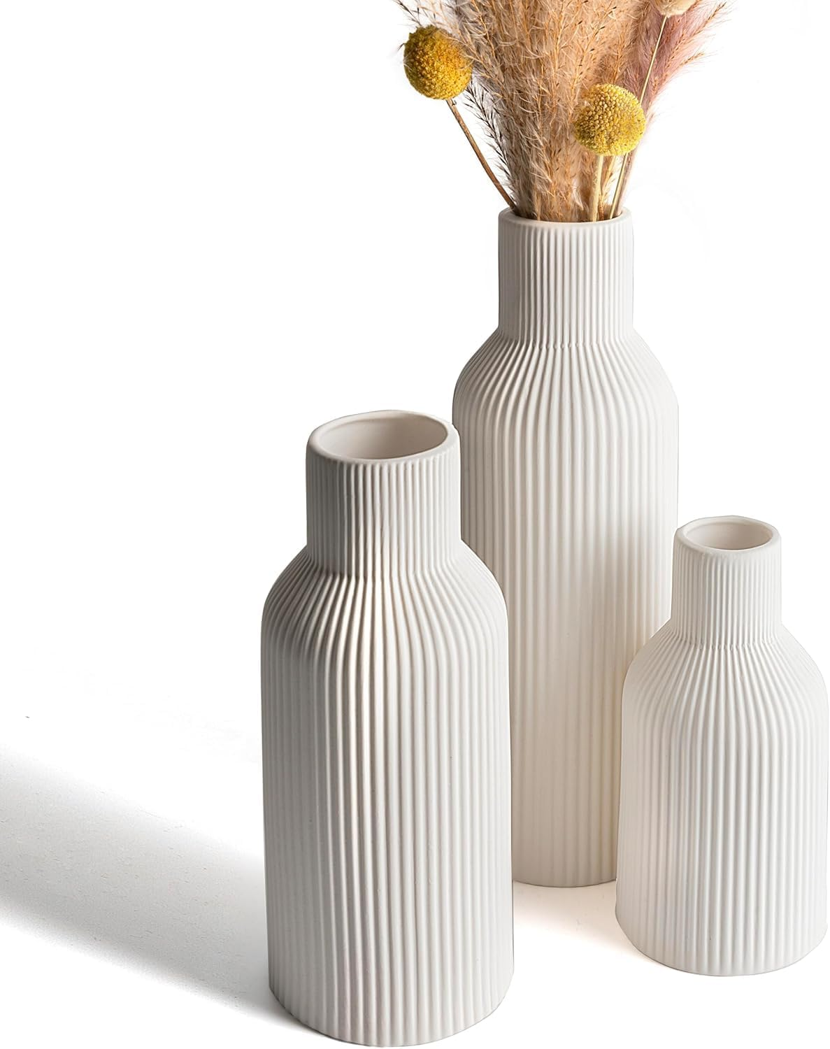 White Ceramic Vase Set of 3 - Minimalist Modern Ribbed Vases Home Decor for Desk, Shelf, and Table, Aesthetic Flower Vases for Entryway, Mantle, Bookshelf