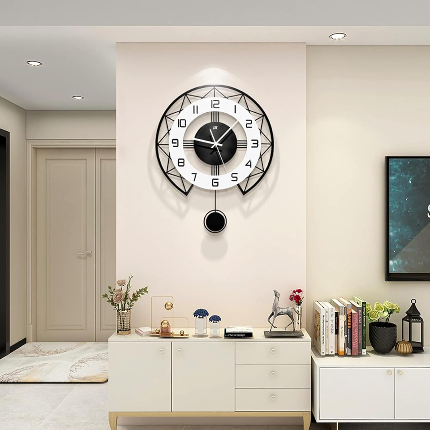 JUJUDA Large Wall Clock for Living Room Decor Modern Silent Pendulum Wall Clock for Home House Kitchen Bedroom Decorative Big Wall Clock Non Ticking Battery Operated Quartz for Indoor Bathroom 17 Inch