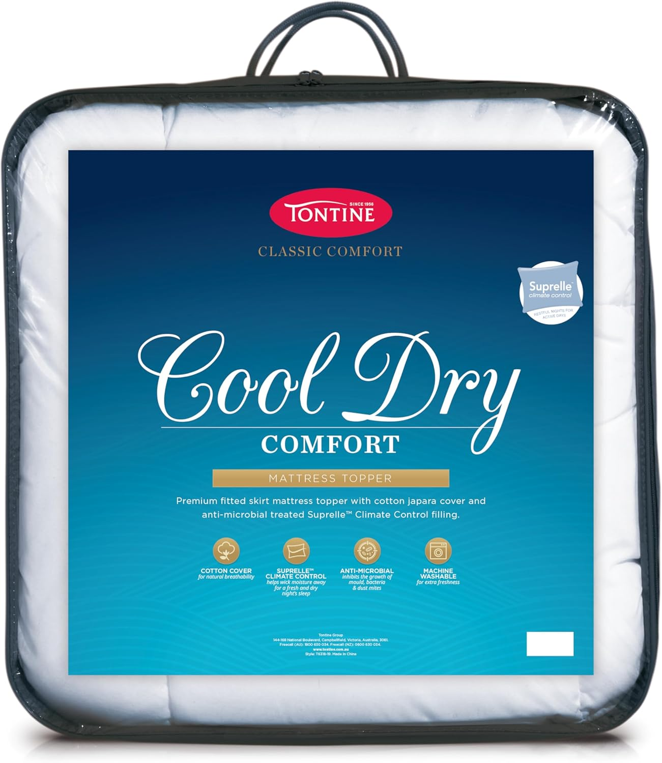 Tontine Classic Comfort Cool Dry Mattress Topper - Queen Bed, Suprelle Climate Control Cooling Fibre Filling, anti Microbial Protection, 50Cm Fitted Skirt, Machine Washable image number 1