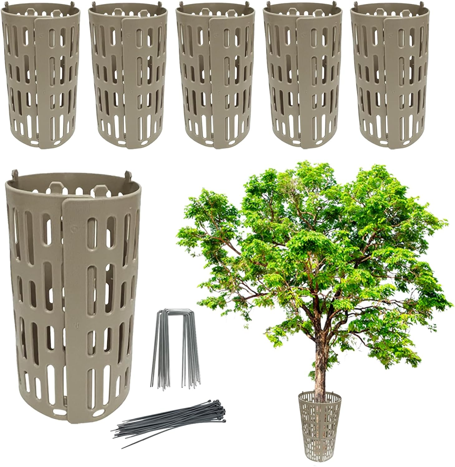 6 Tree Trunk Protectors, Expandable Nursery Net Bark Protective Cover, with 40 Connectors, Suitable for Plant Protection Devices Such as Trimmers, Lawn Mowers, and Rodents (Gray Brown)