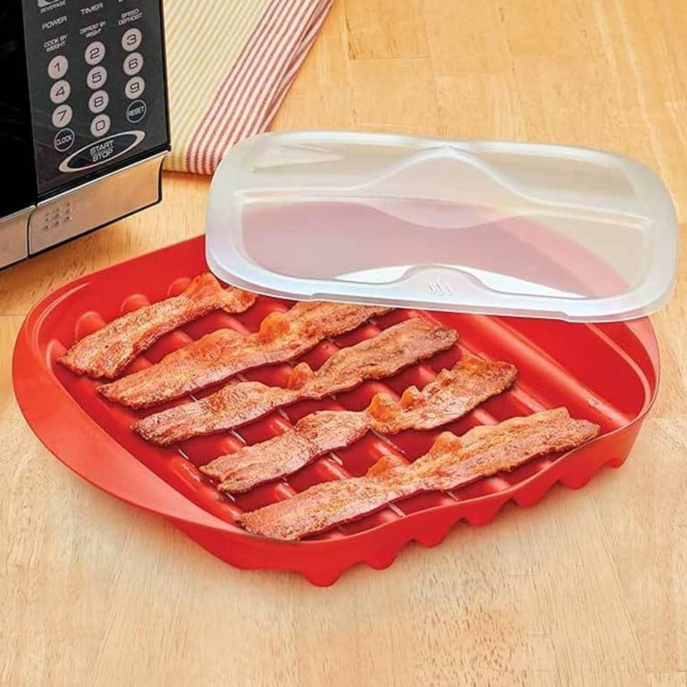 Red Microwave Bacon Tray with Splatter Lid - No Mess Bacon Cooker for Crispy Bacon in 3 Minutes, Dishwasher Safe & Bpa-Free, Microwave Safe Kitchen Accessories for Breakfast Cooking image number 5