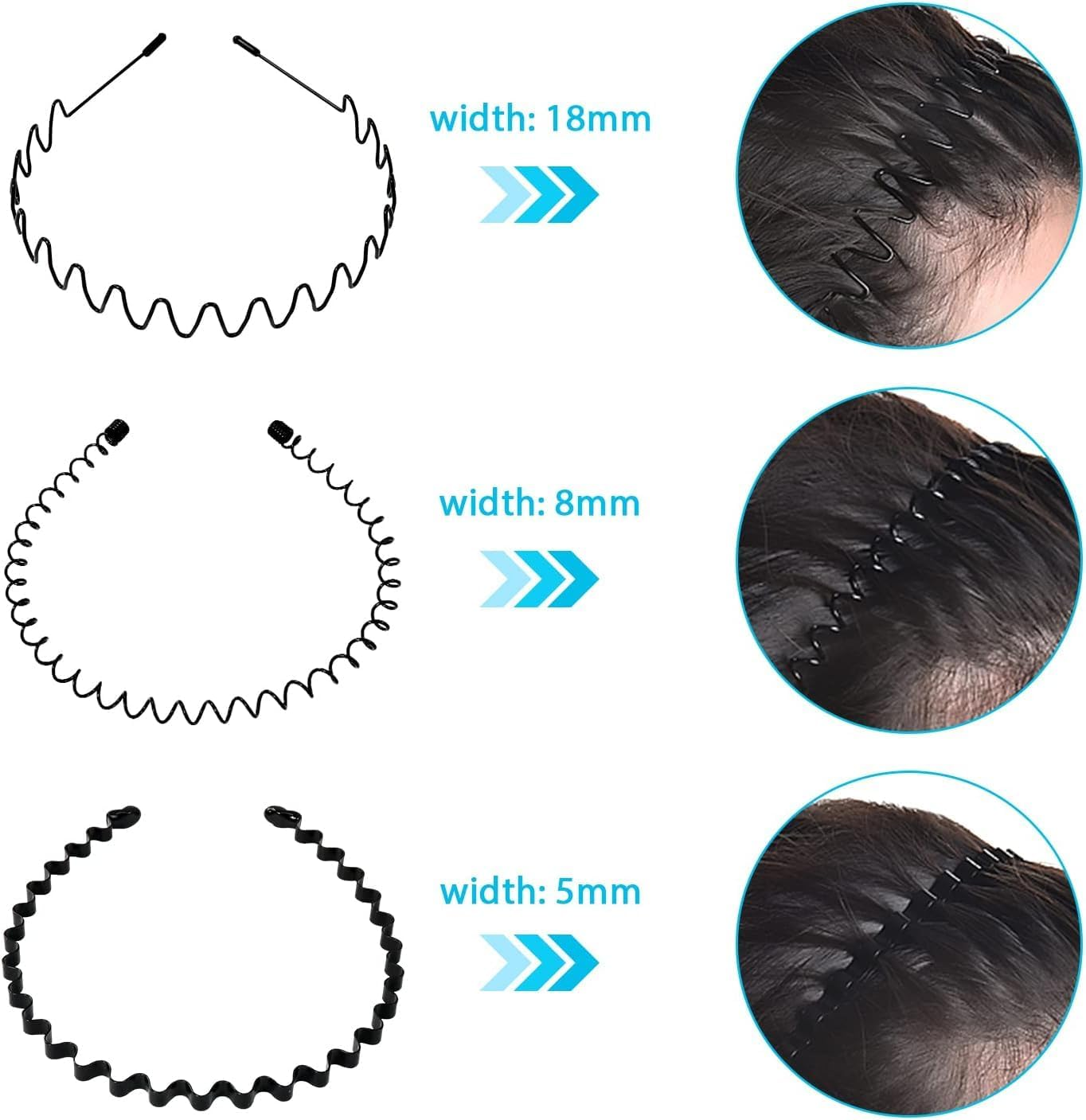 Aufwolken 3 PCS Metal Headband Black - Unisex Sport Fashion Hair Accessories, Spring Wave Hair Hoop Band for Men & Women image number 3