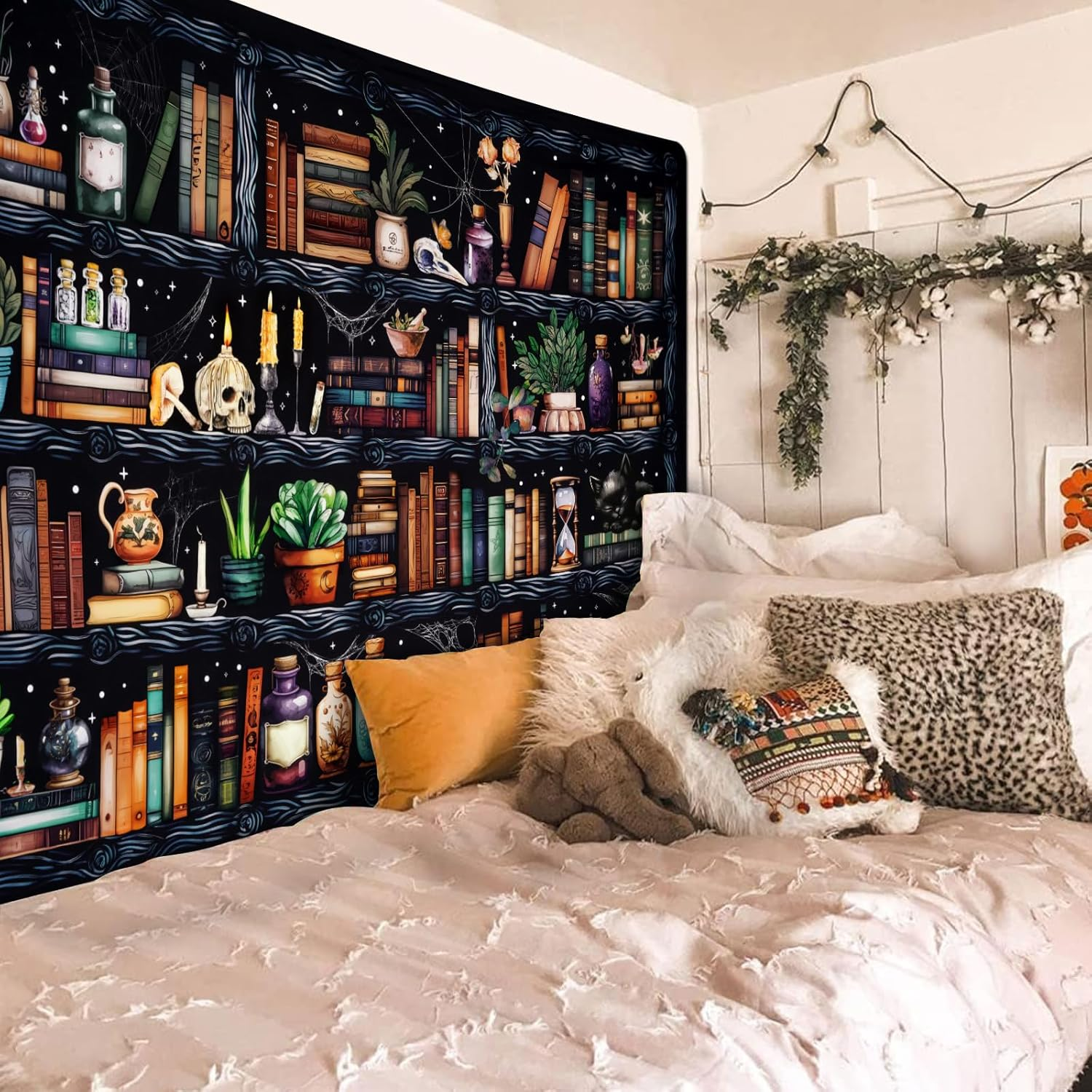 Uspring Magical Book Tapestry Goth Skull Black Cat Wall Tapestry Hanging for Bedroom Home Decor (70.9 X 92.5 Inches) image number 6